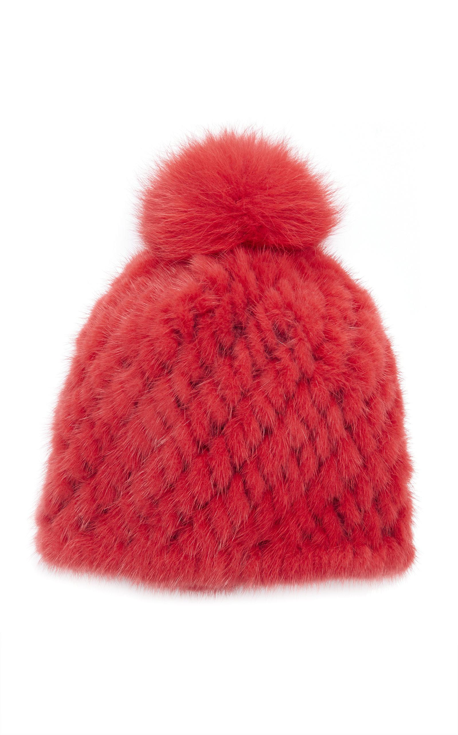 Pologeorgis The Knit Mink Hat With Fox Pom Pom In Red Lyst