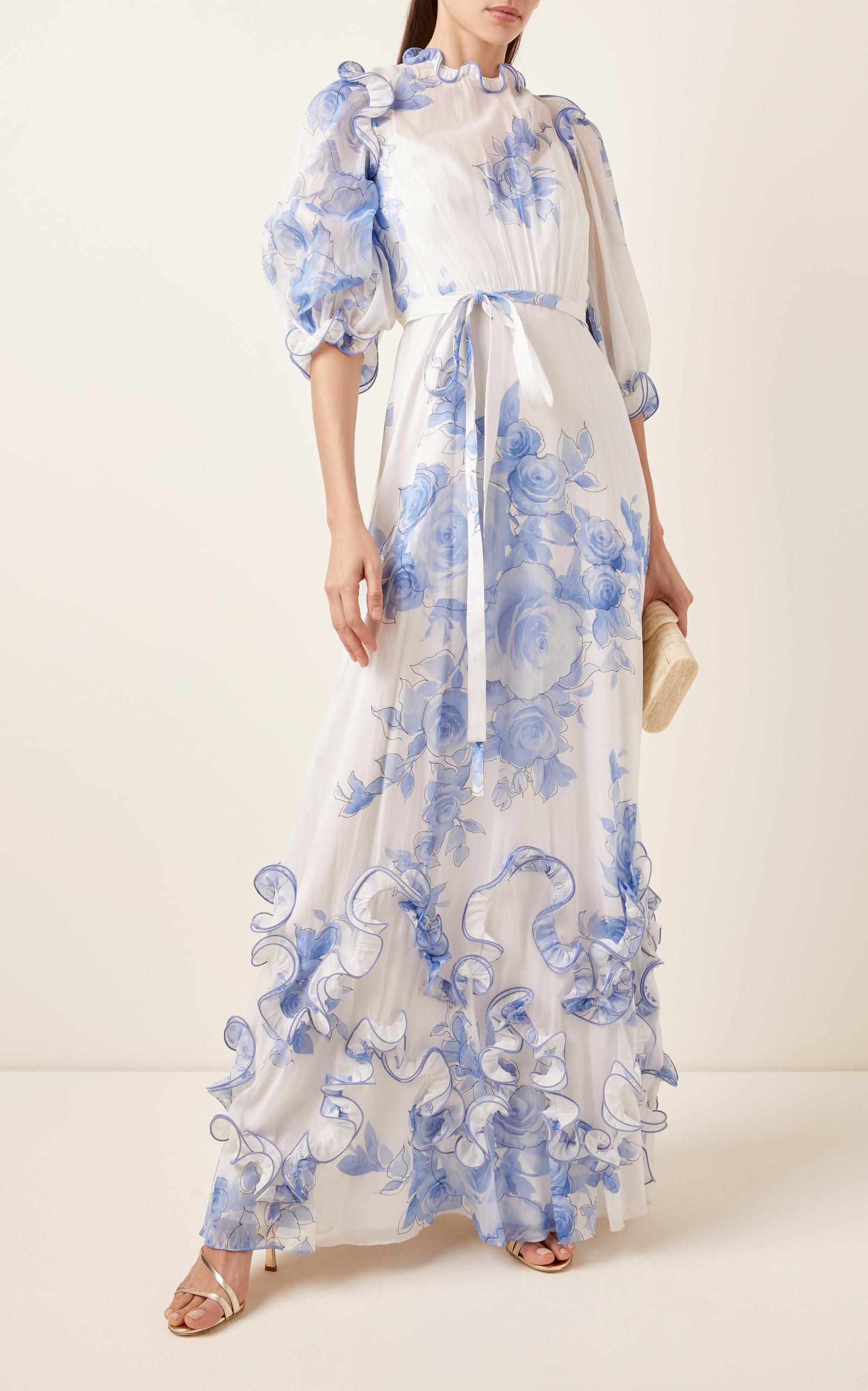 Lela Rose Ruffled Floral Cotton Voile Dress in Blue | Lyst
