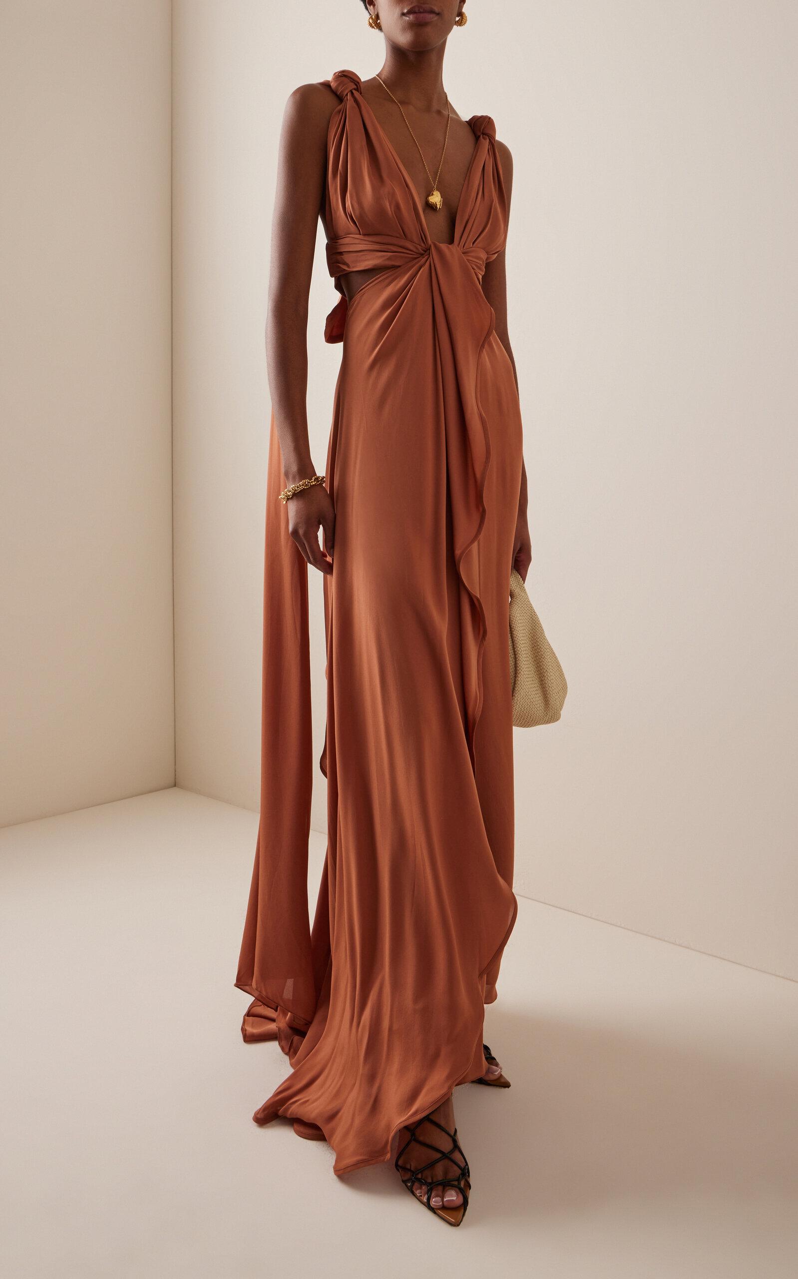 Johanna Ortiz Ocean Mysteries Draped Silk Maxi Dress in Brown | Lyst