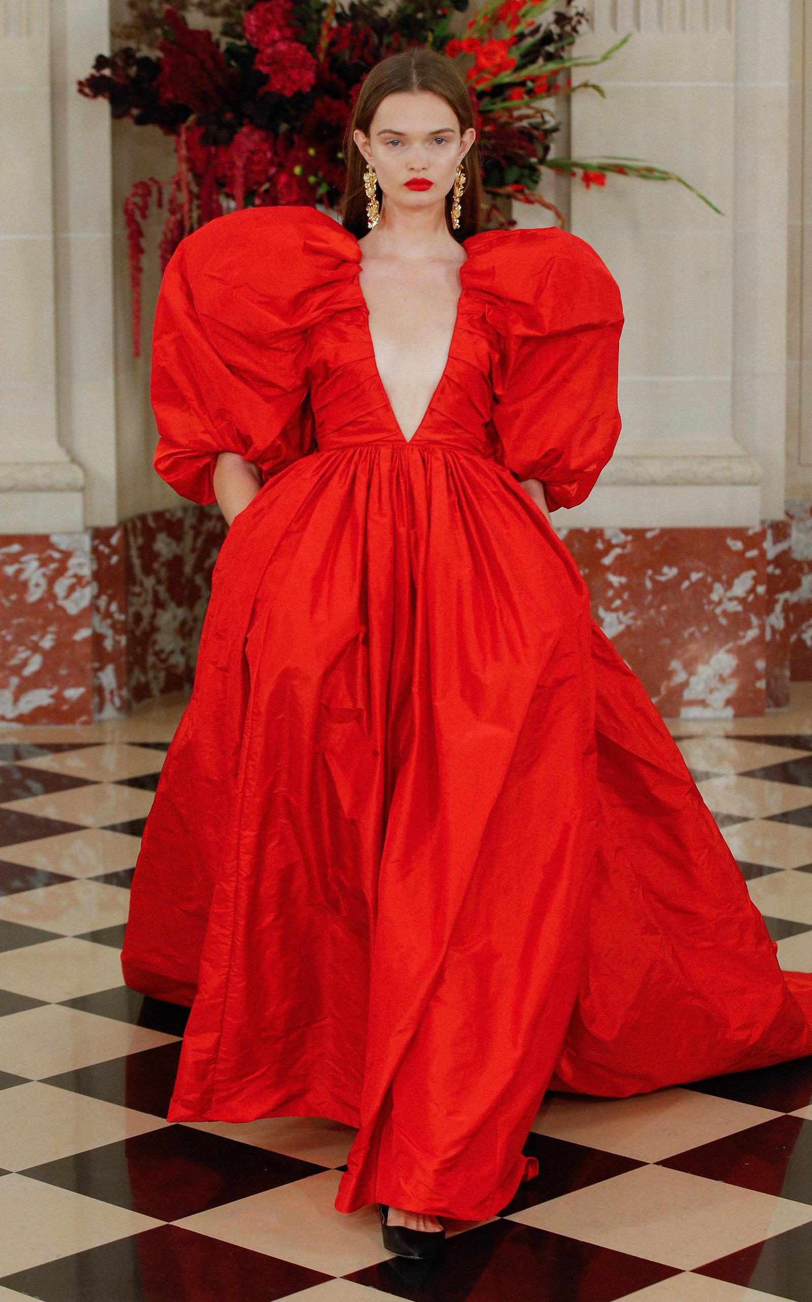 Carolina Herrera Puffed Sleeve Silk Taffeta Gown in Red | Lyst