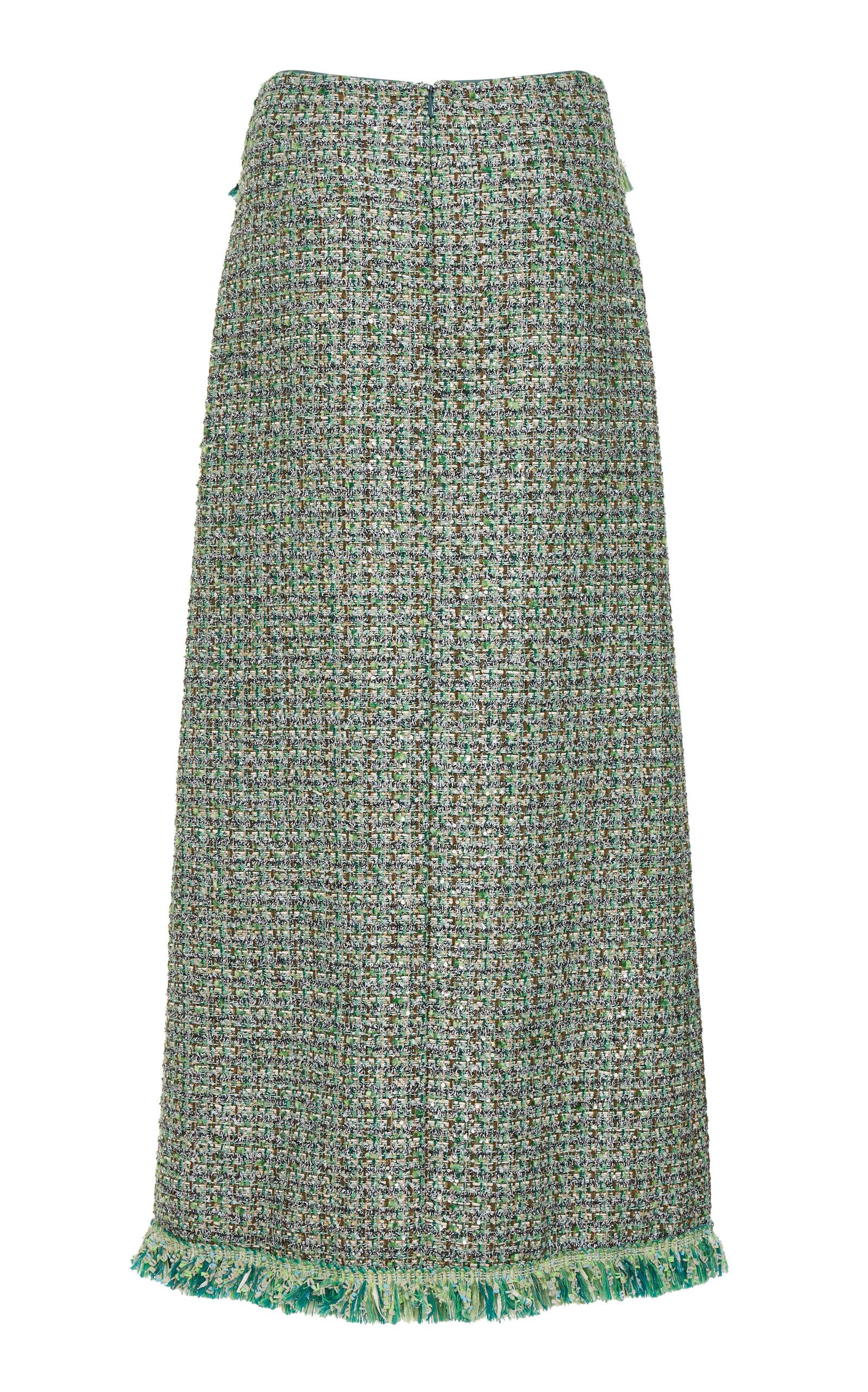 Giambattista Valli Fringed Boucle Tweed Maxi Skirt in Green