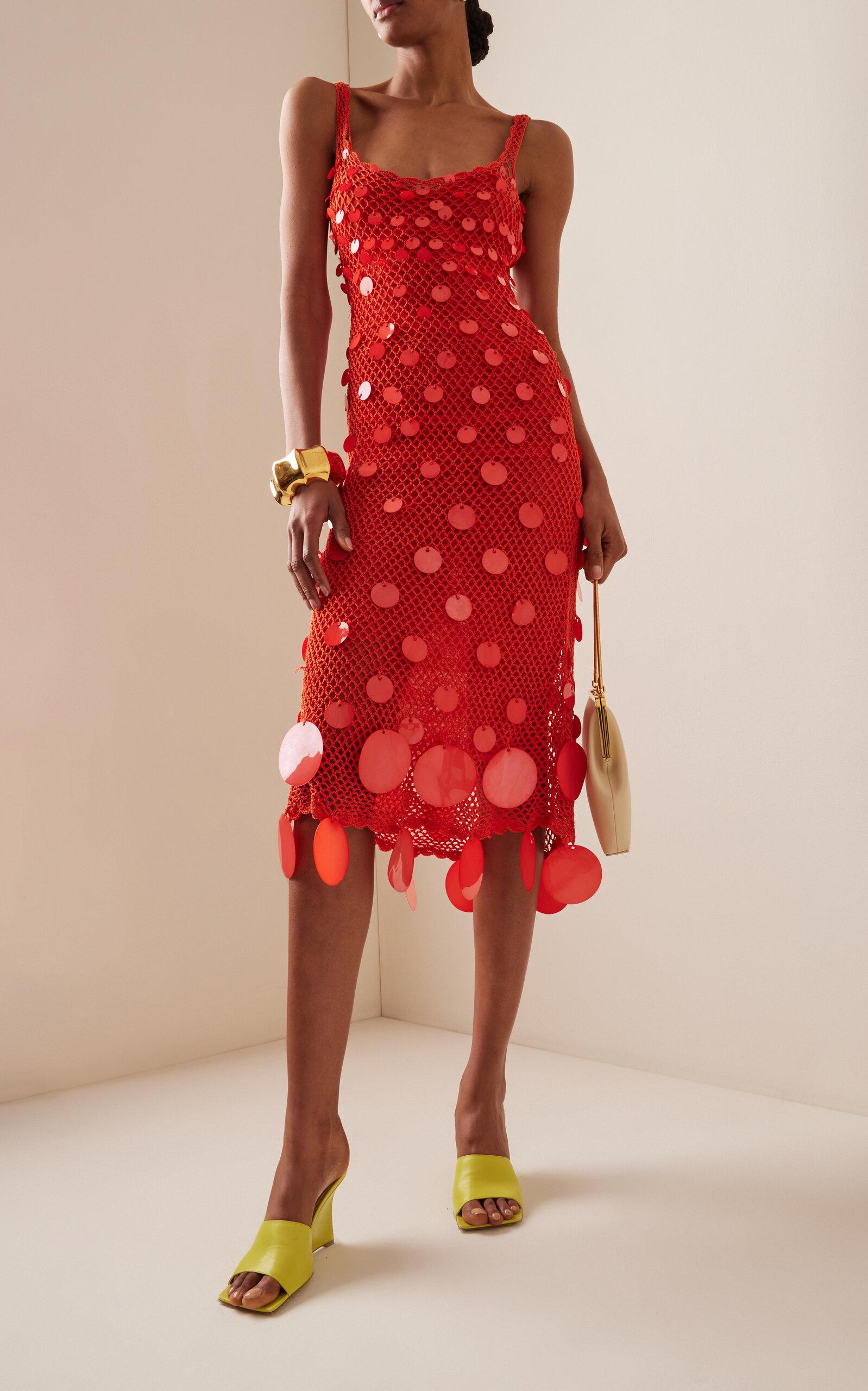 oscar de la renta rose-embroidered crochet-knit midi dress Exclusive Paillette-sequined Crocheted Cotton in Red Mommy & Me Collection