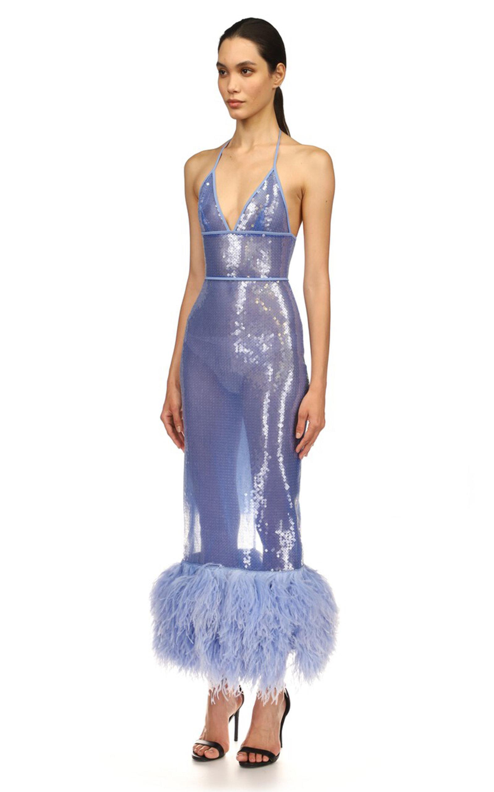 David Koma Feather-trimmed Sequined Maxi Dress in Blue | Lyst