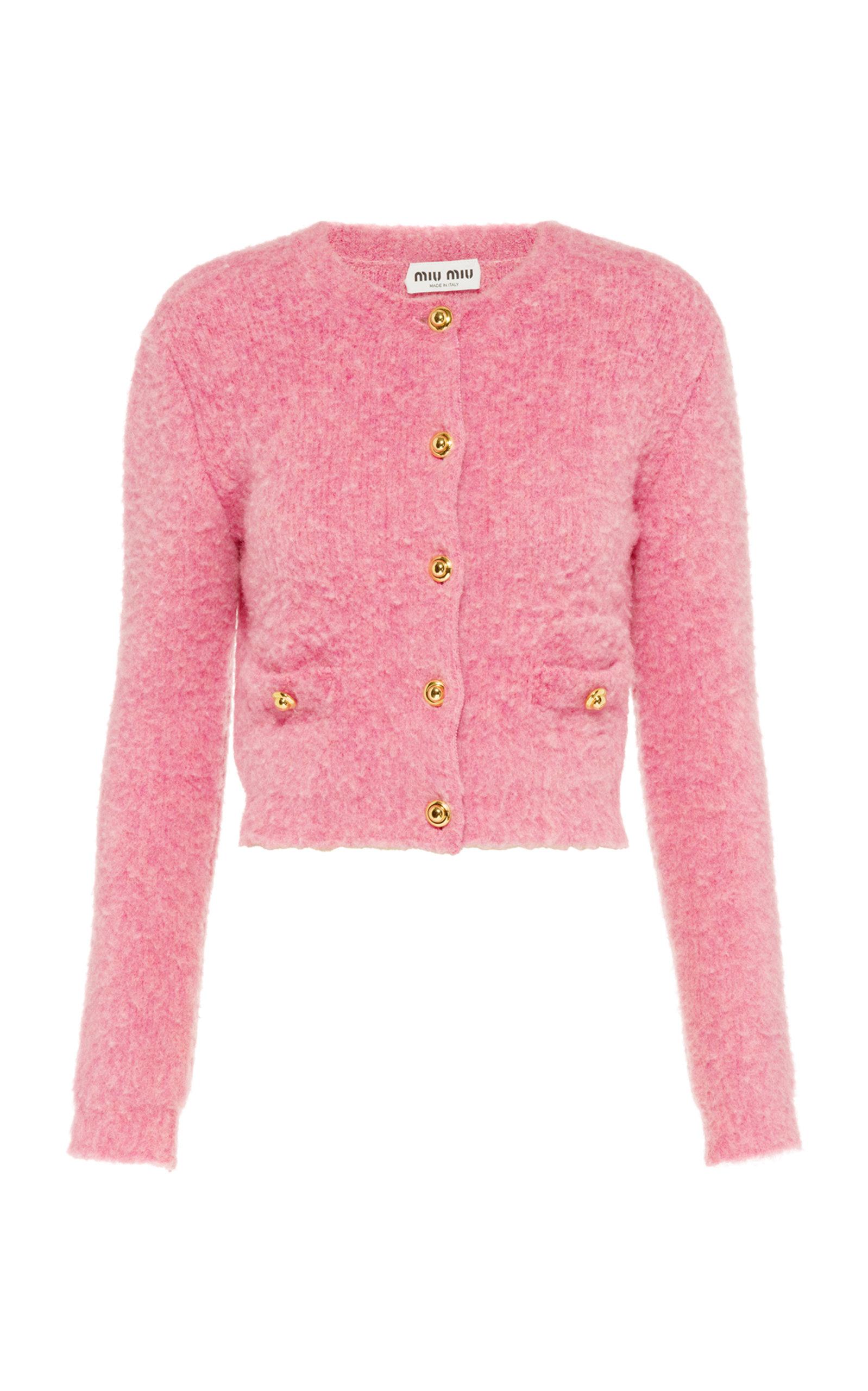 Miu Miu Wool Boucle Cropped Cardigan in Pink | Lyst