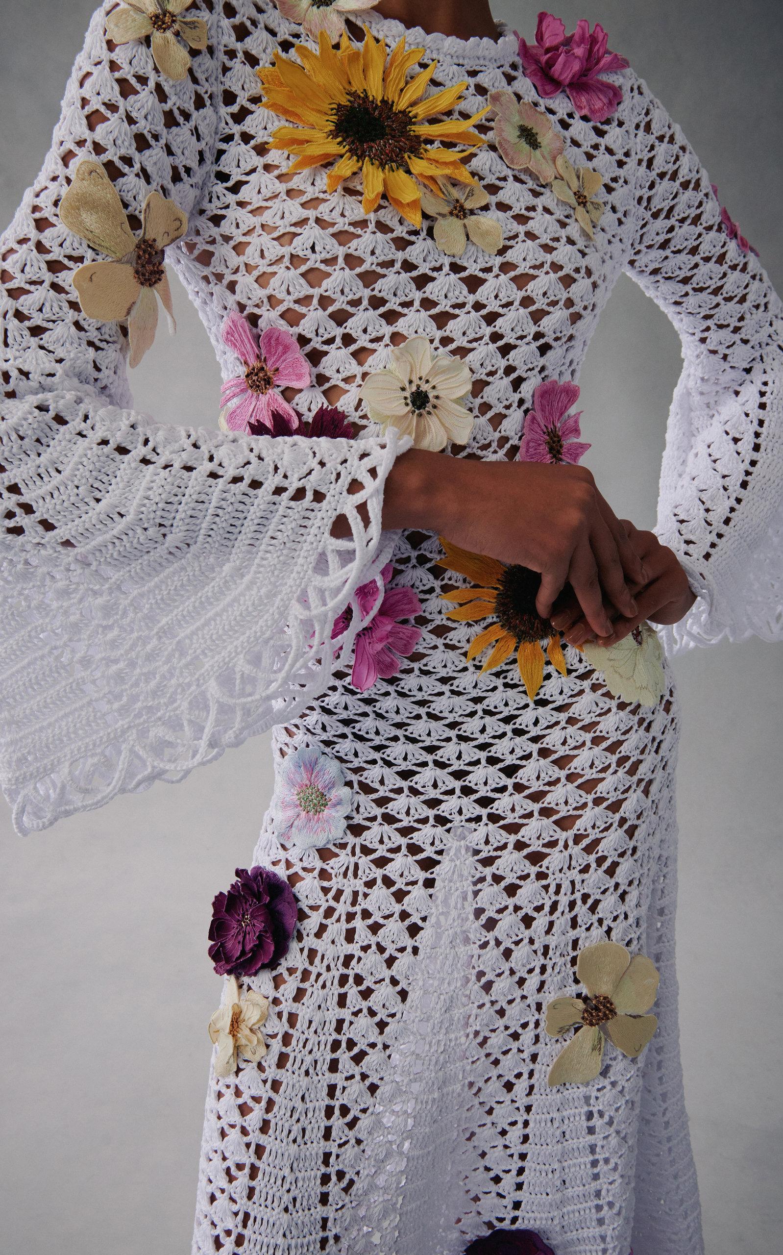 Oscar de la Renta Floral-embroidered Crocheted Cotton Dress in White | Lyst