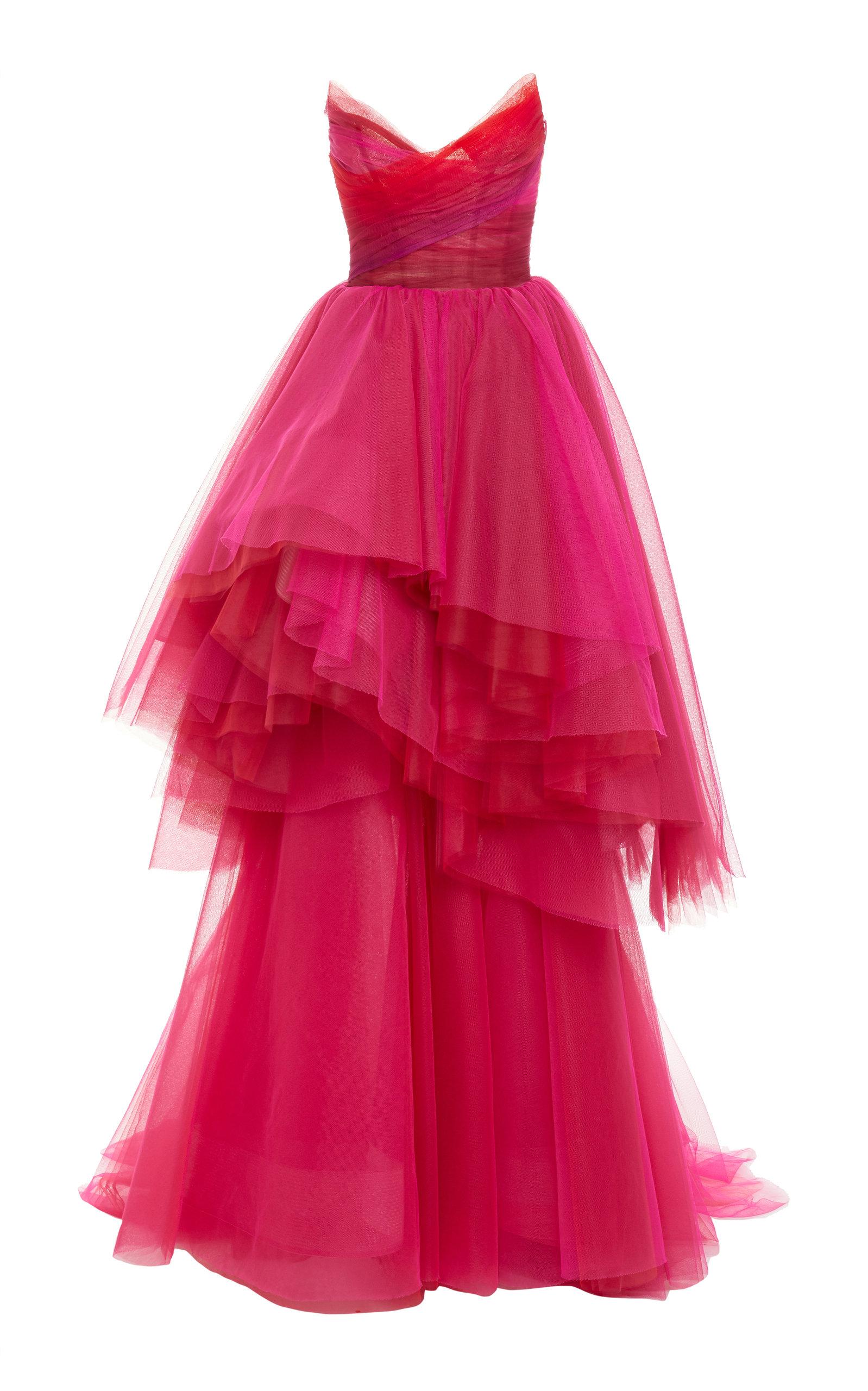Monique Lhuillier Strapless Asymmetric Tulle Gown in Pink - Lyst