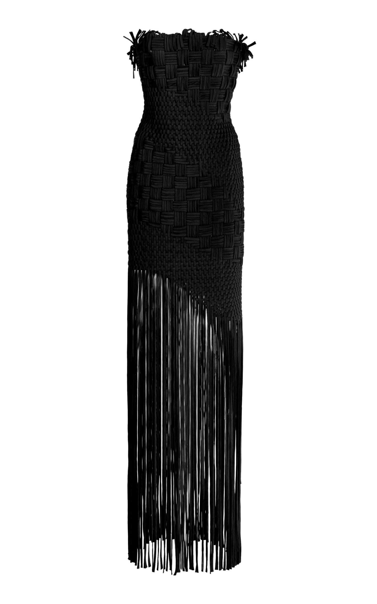 oscar de la renta fringed crepe midi dress Sleeveless Embroidered Fringe Gown