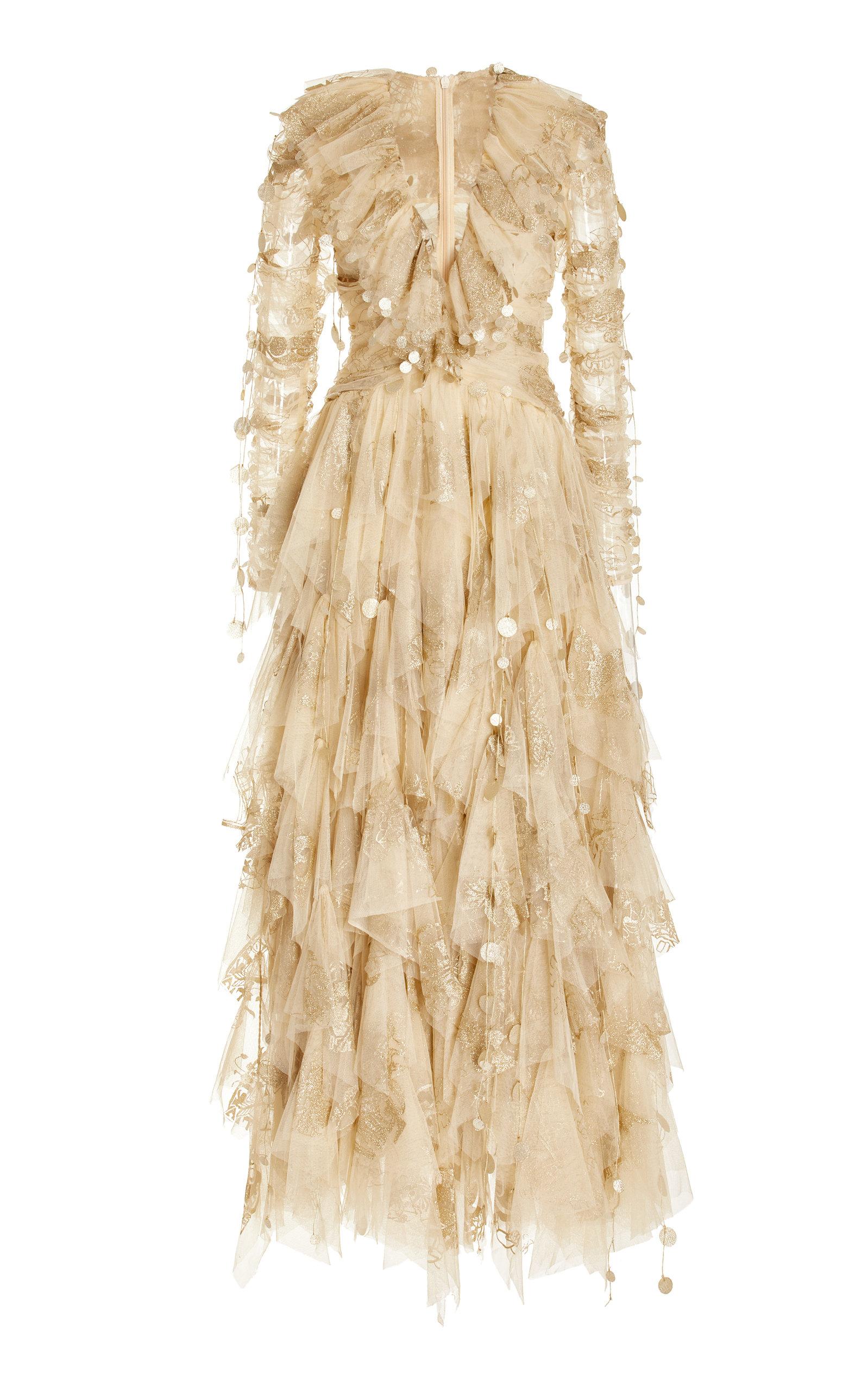 slim fit dress slacks Zimmermann Gold Rhiannon Ruffle Silk Maxi Dress main image 1