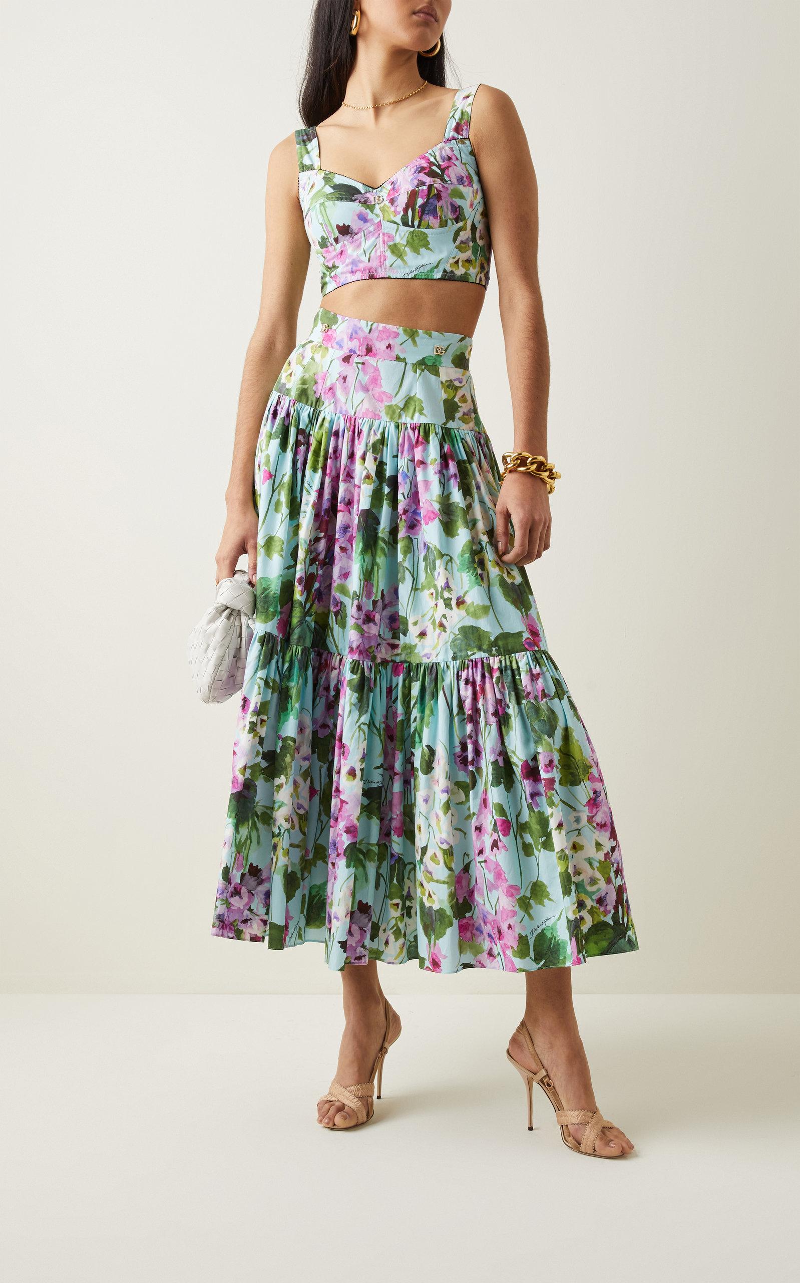 Dolce & Gabbana Tiered Bluebell-print Cotton Poplin Midi Skirt | Lyst