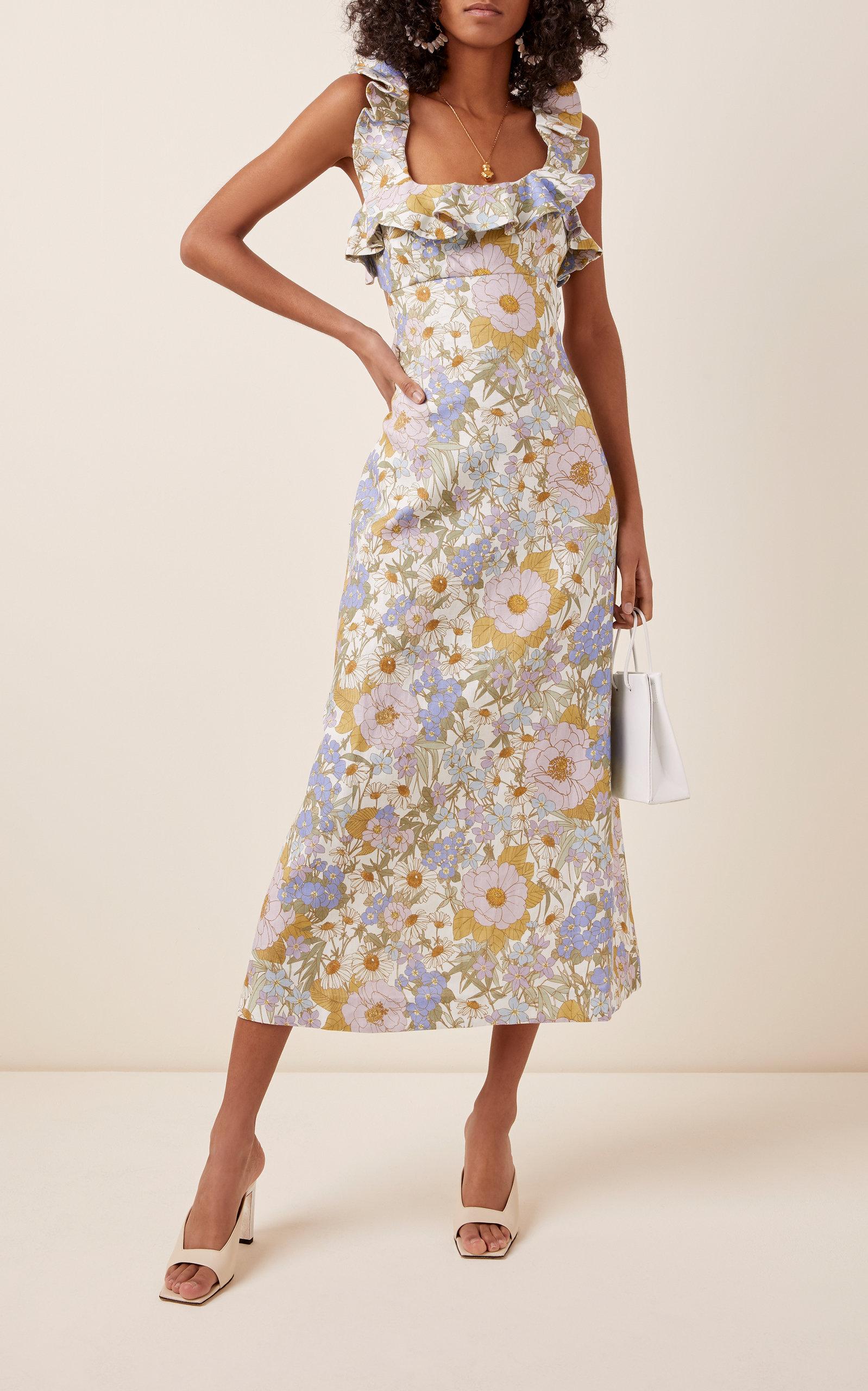 Zimmermann Ruffled Floral-print Linen Midi Dress | Lyst