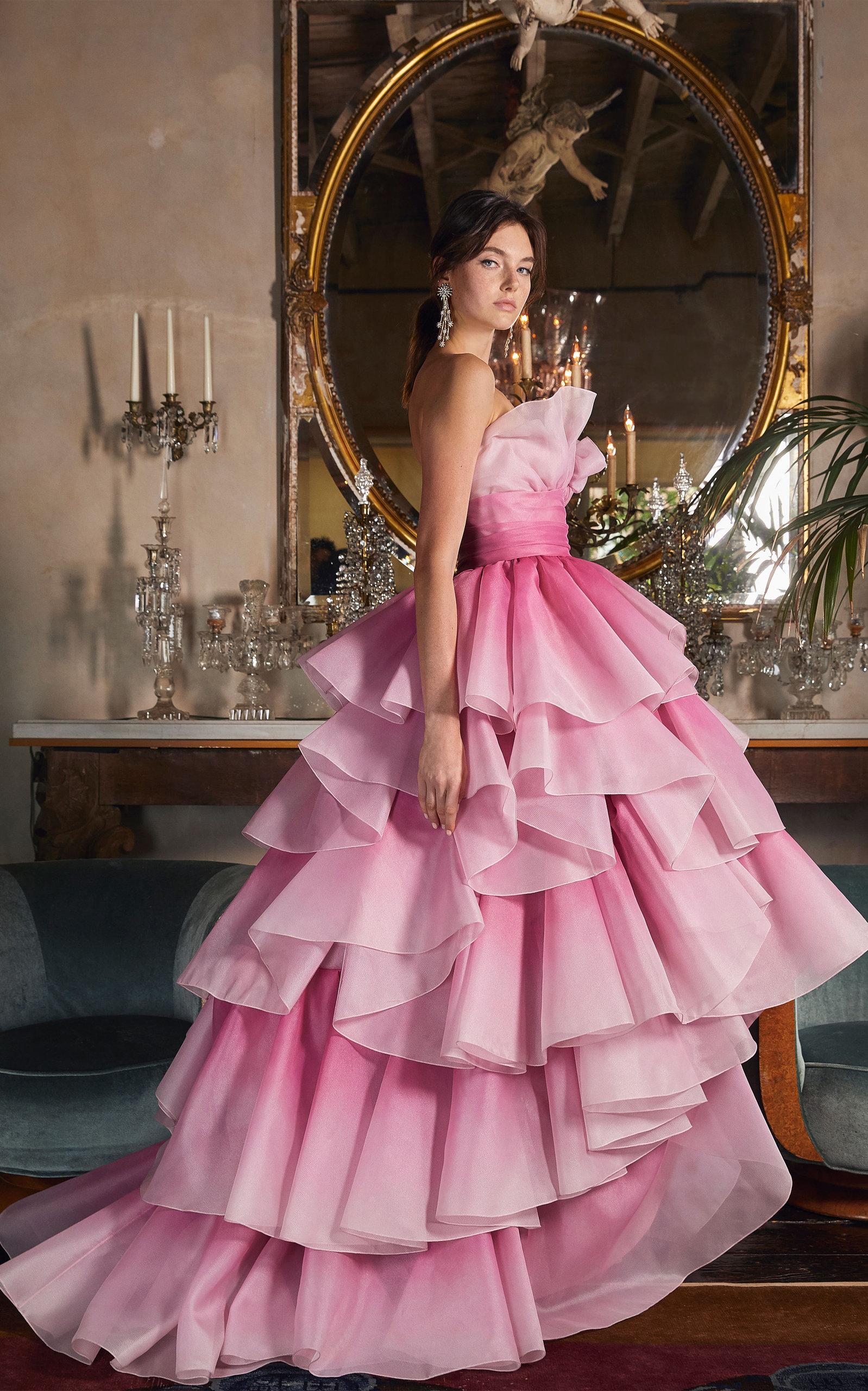 Marchesa Tiered-ruffle Strapless Tulle Gown in Pink - Lyst