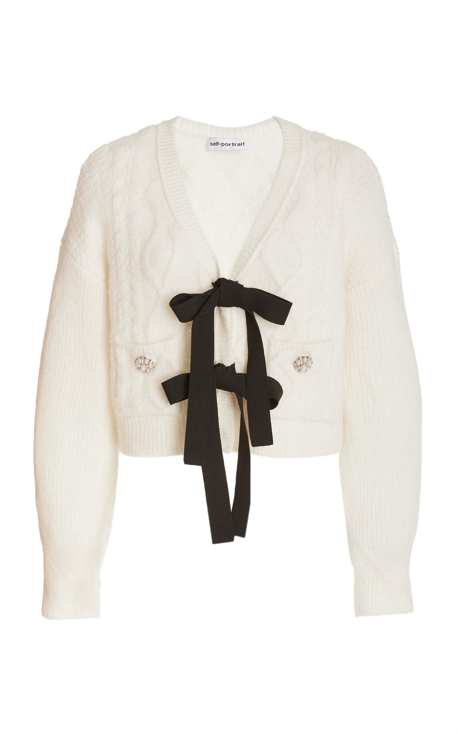 Self-Portrait Bow-embellished Cable-knit Cardigan | Lyst