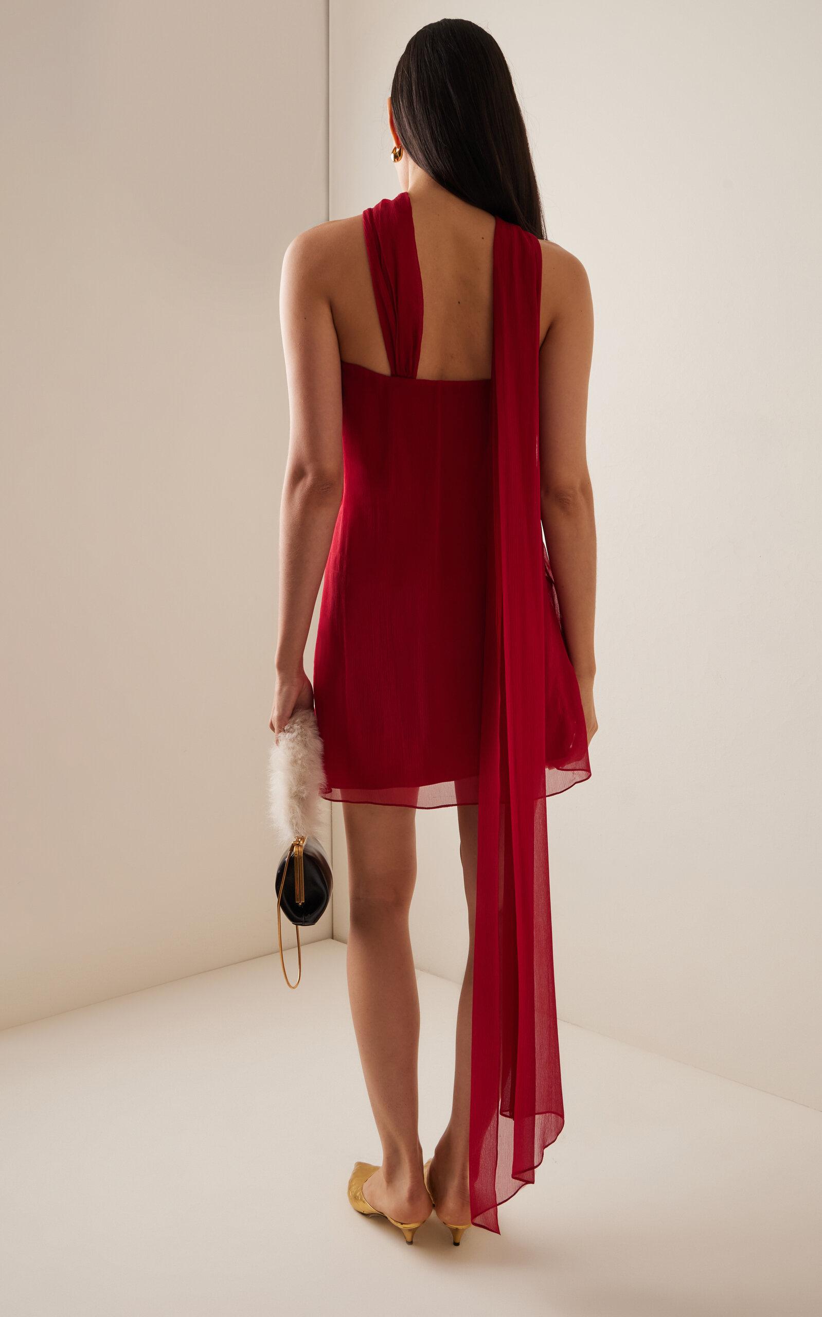 strapless open back dress Mattea Slinky And Mesh Mini Dress With Scarf - Red main image 0