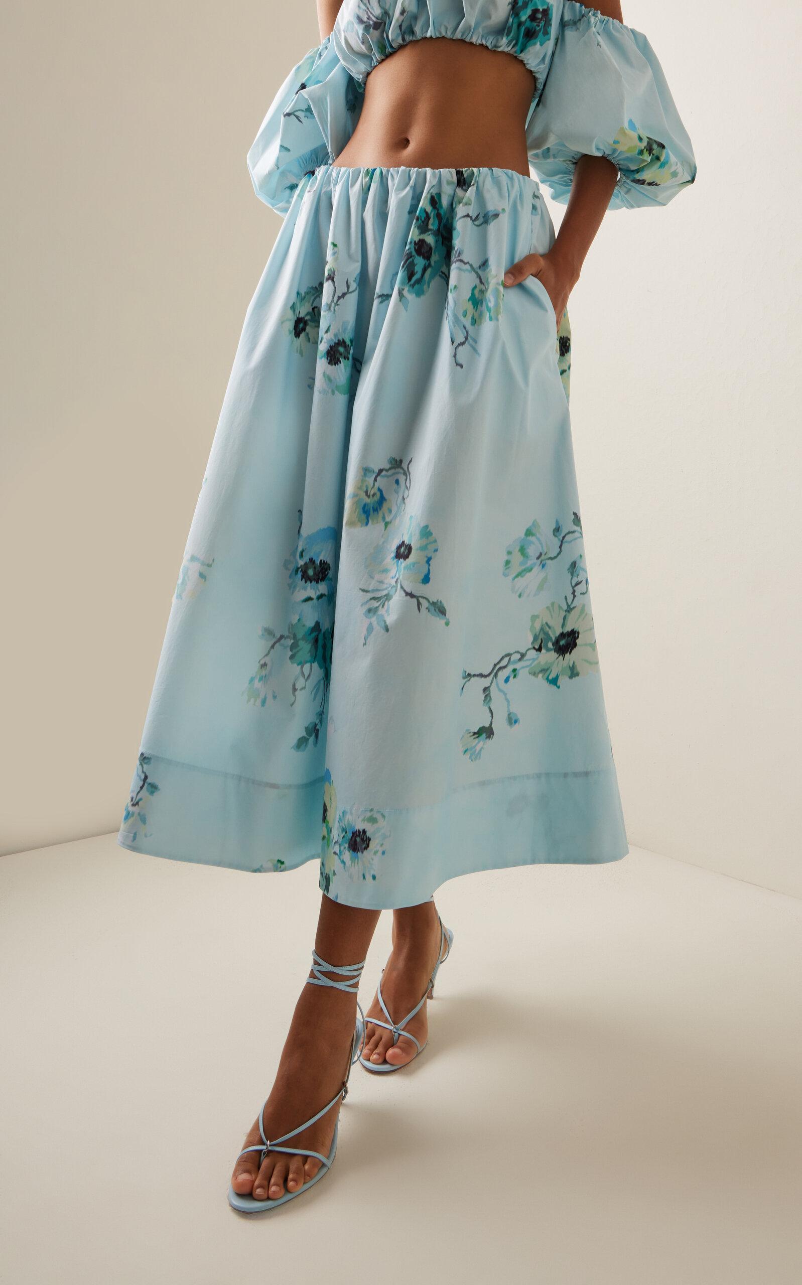 【Zimmermann】LIGHTBURST フローラル コットン ミディスカート ZIMMERMANN Lightburst floral-print Midi Skirt | Blue | FARFETCH