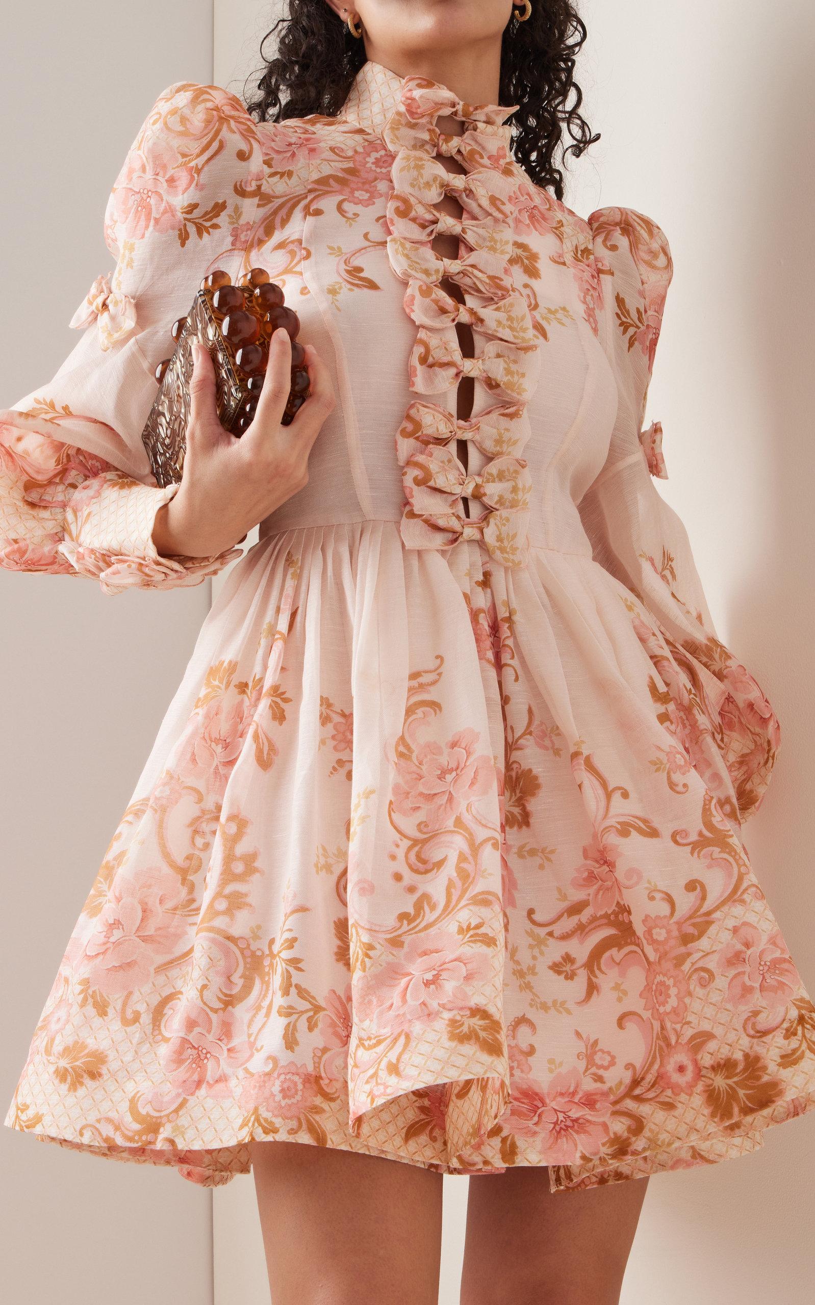 Zimmermann Postcard Bow-detailed Floral Linen-silk Mini Dress in Pink | Lyst