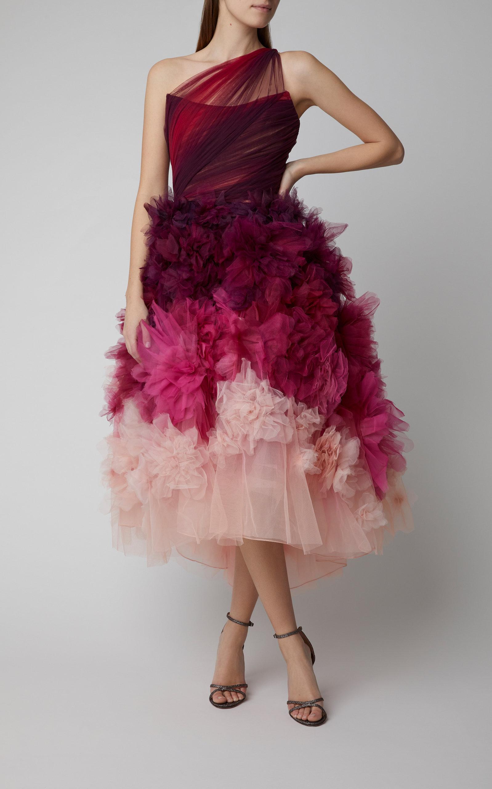 Marchesa One-shoulder Ombré Tulle And Organza Midi Dress in Pink