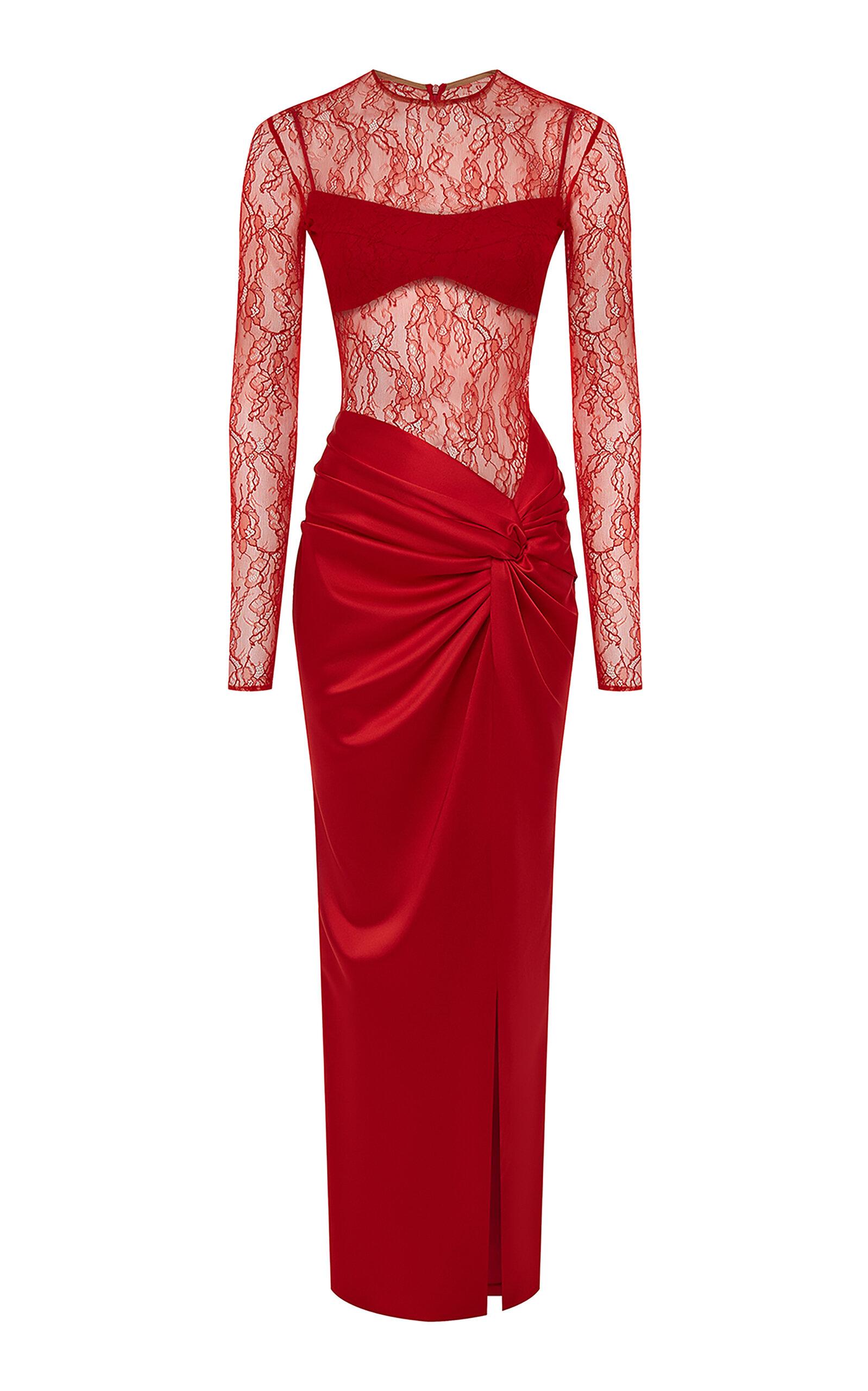 Rasario Draped Lace & Satin Maxi Dress in Red | Lyst