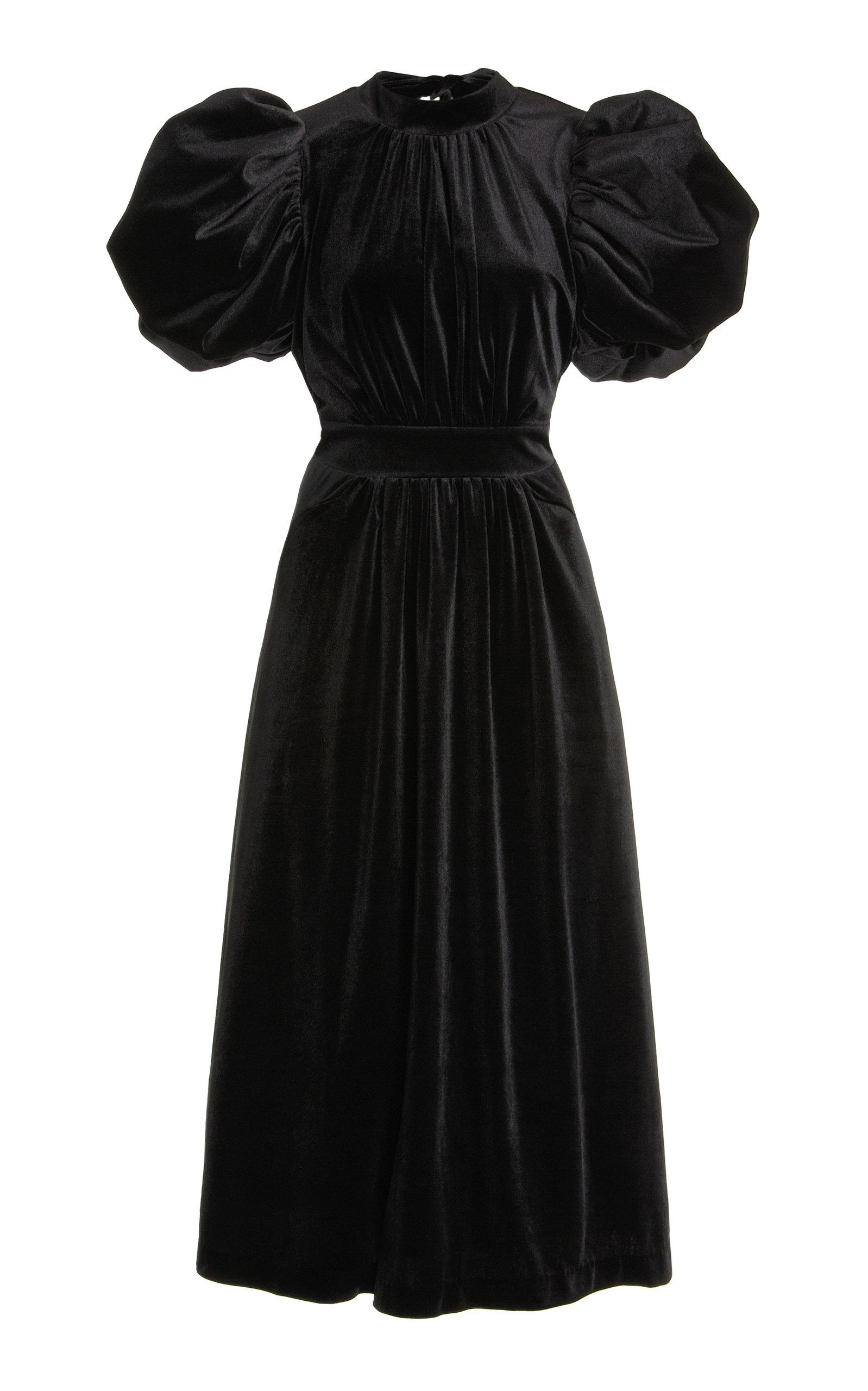 ROTATE BIRGER CHRISTENSEN Noon Puff-sleeve Velvet Midi Dress in Black ...