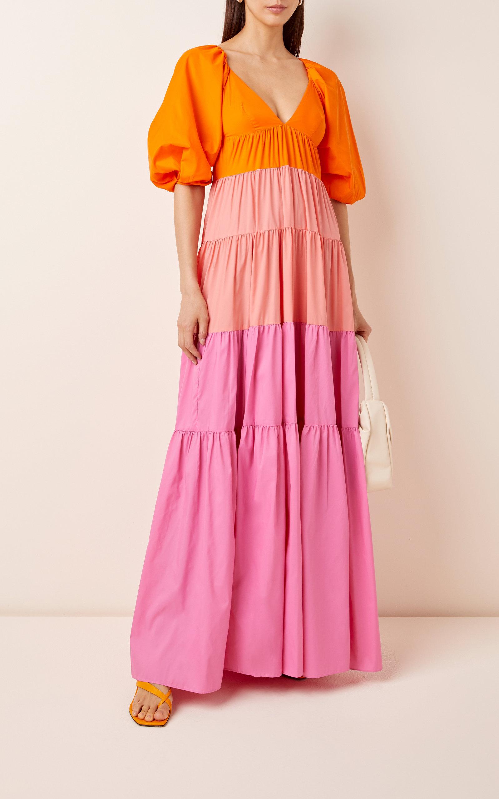 STAUD Synthetic Meadow Tiered Crepe De Chine Maxi Dress in Pink/Orange ...