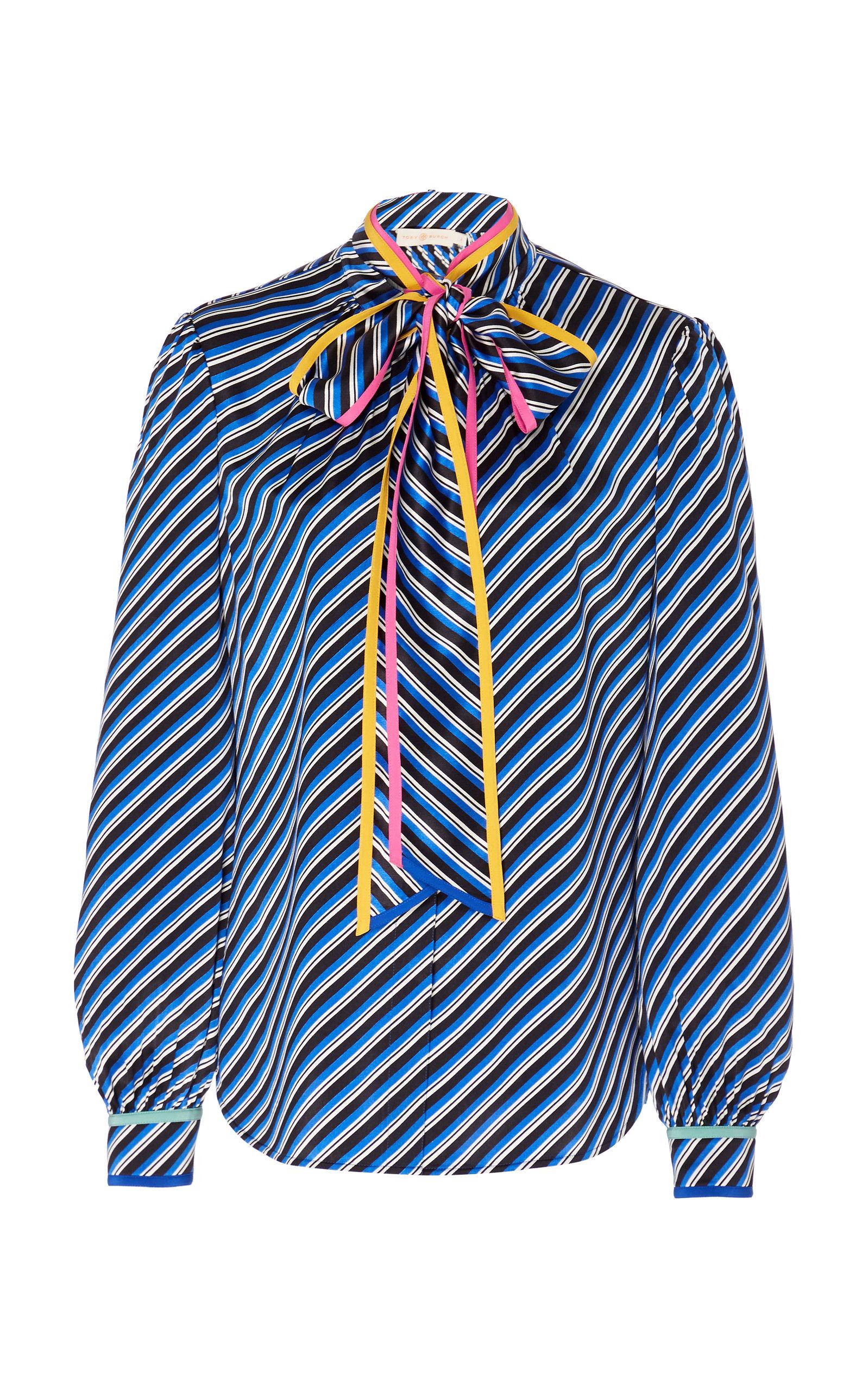 Tory Burch Contrast Binding Printed Bow Blouse in Blue | Lyst