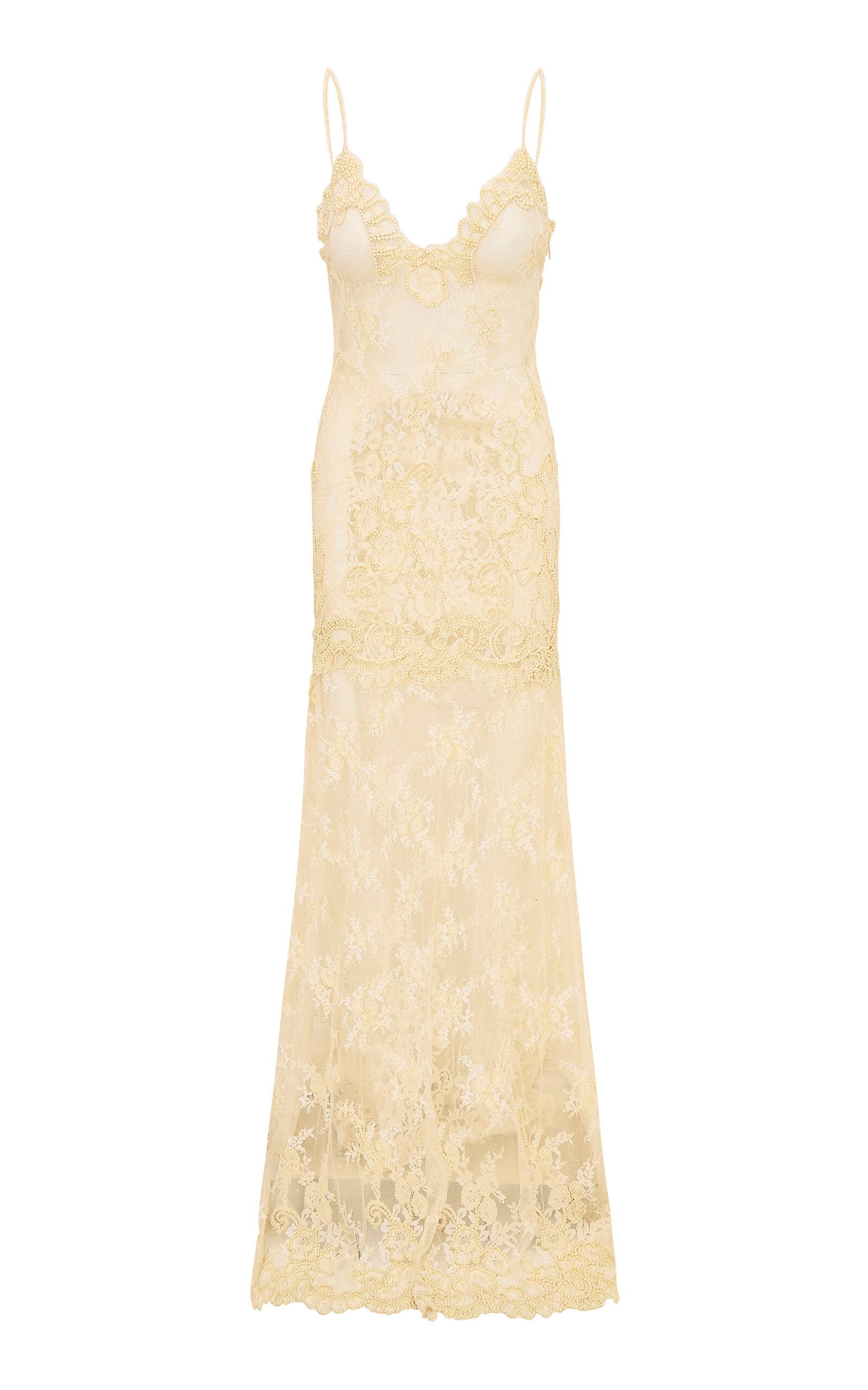 LoveShackFancy Noira Pearl-Embellished Lace Maxi Dress in Natural | Lyst