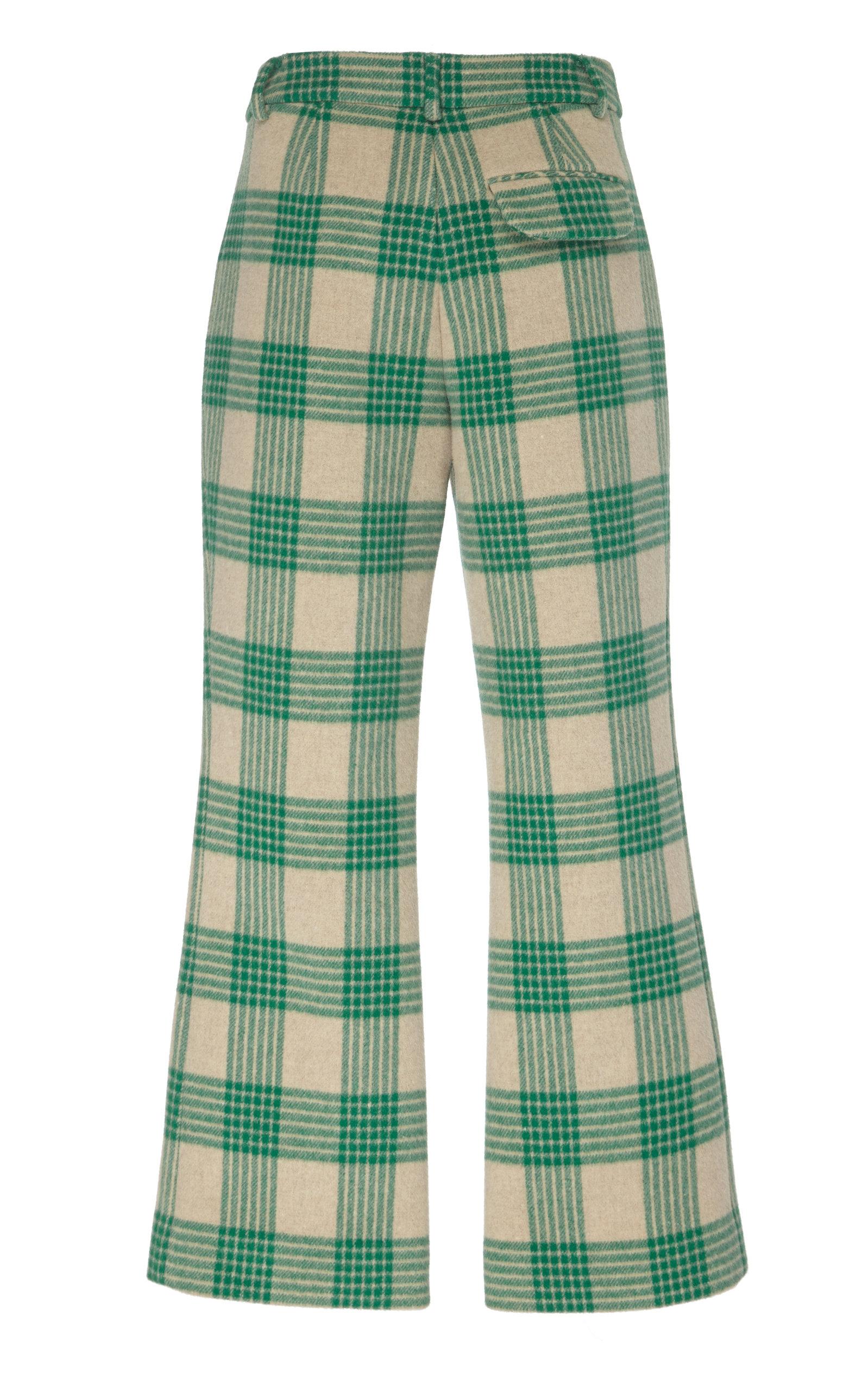 Rejina Pyo Wool Checked Kick Flared Trousers in Green - Lyst