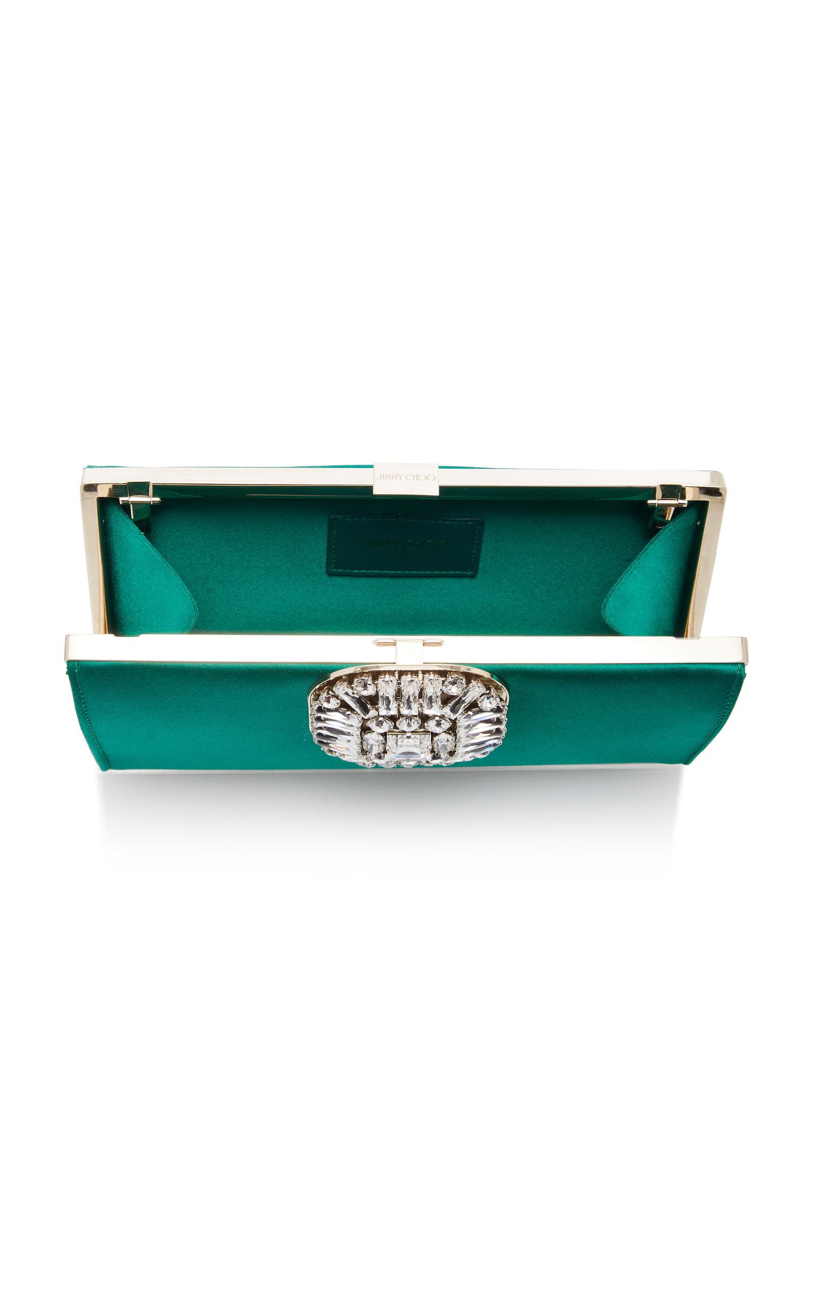 Jimmy Choo Leonis Crystal-embellished Satin Clutch in Emerald Jimmy Choo Leonis Crystal-embellished Satin Clutch in Emerald