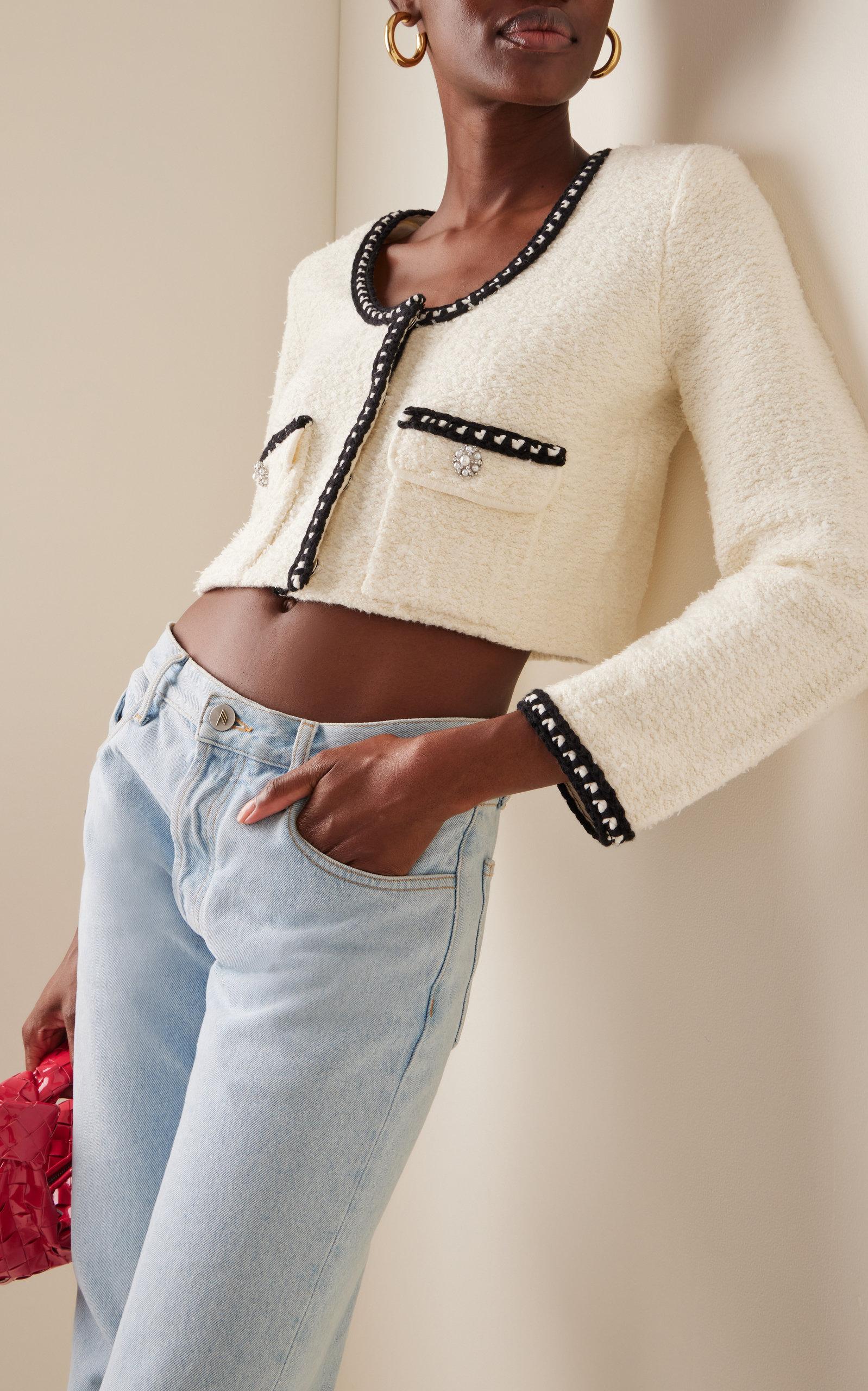 Self-Portrait Bouclé-knit Cropped Cardigan in White | Lyst
