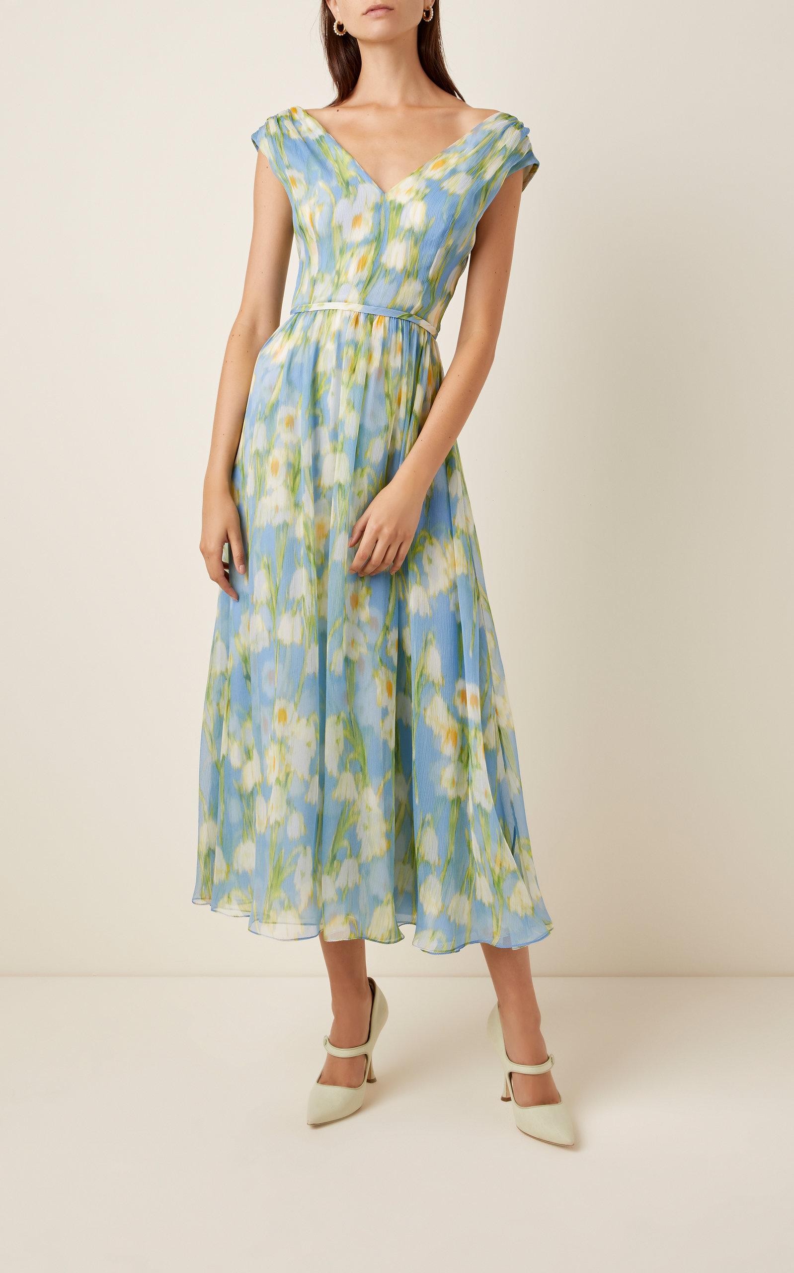 Carolina Herrera Silk Vneck Midi Dress in Blue Lyst