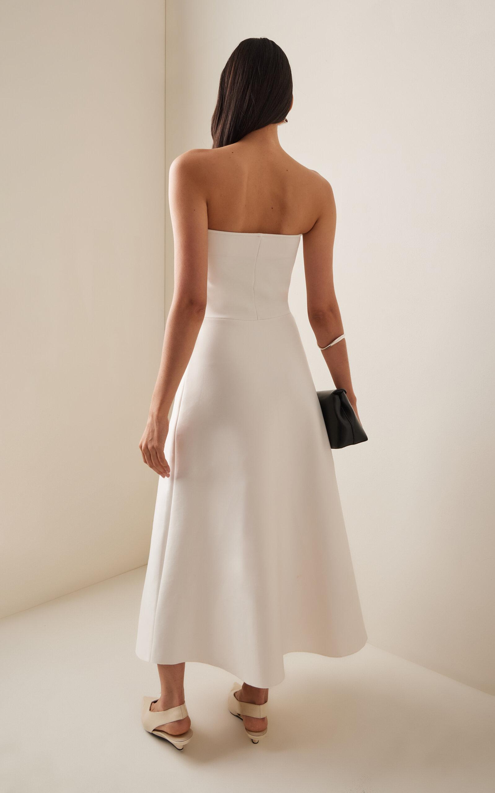 house of dagmar ruffled stretch crepe strapless midi dress House of Dagmar Ruffled Stretch-crepe Strapless Midi Dress in White
