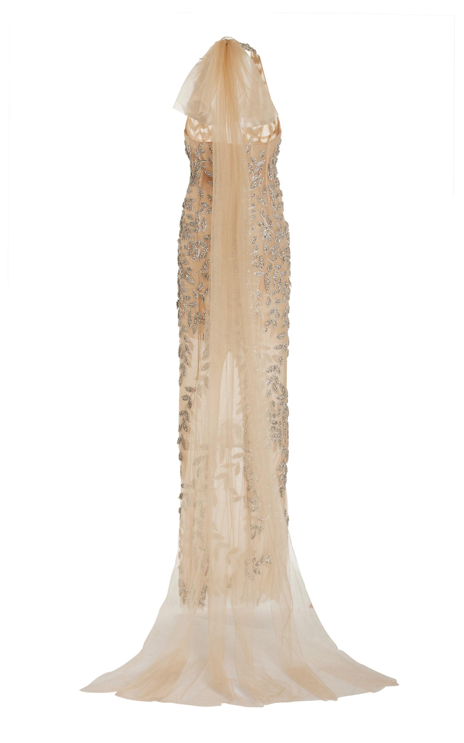 Oscar de la Renta Crystal Leaf Embroidered Column Gown in Natural | Lyst