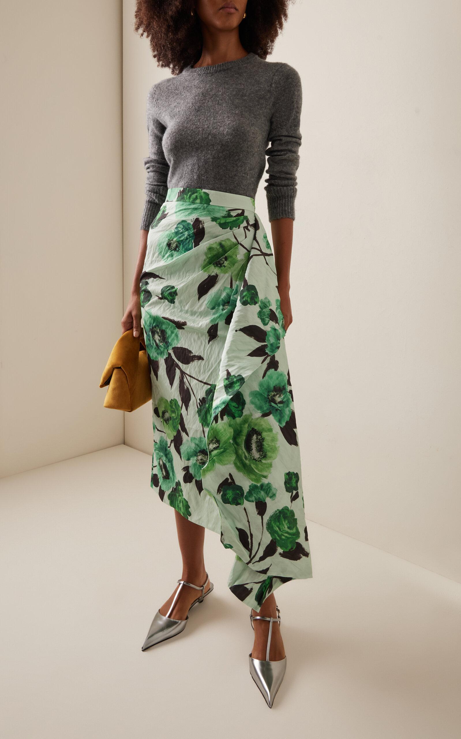 Erdem Floral-printed Satin Midi Skirt in Green | Lyst