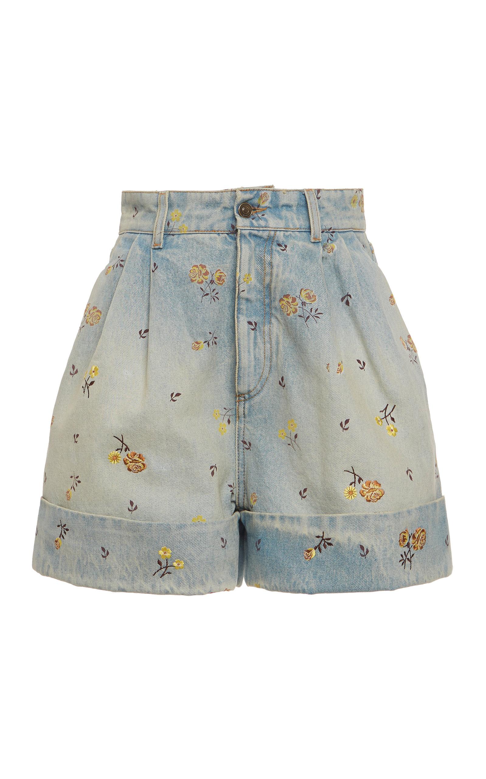 Alanui Floral-embroidered Denim Pleated Shorts in Blue | Lyst
