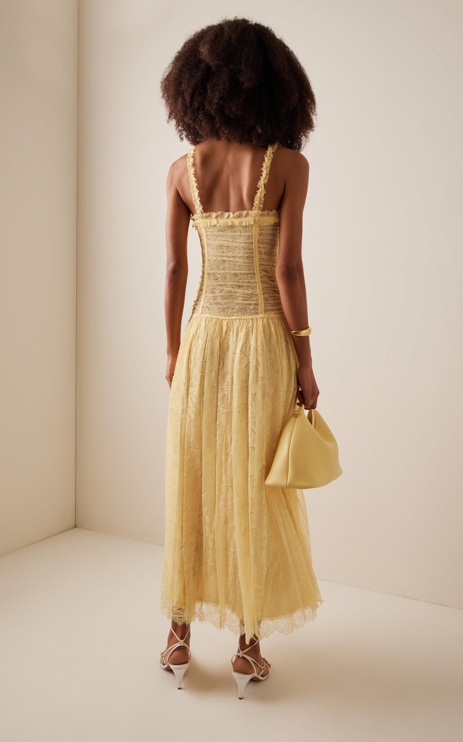 Ulla Johnson Florelle Ruched French Chantilly Lace Maxi Dress in Yellow |  Lyst