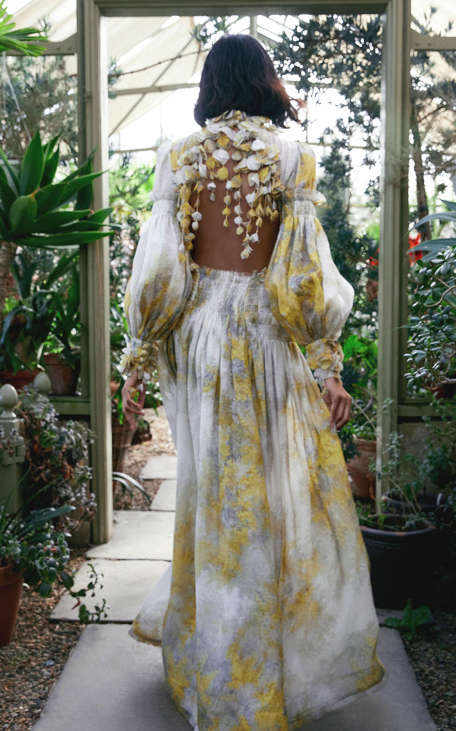 Zimmermann Botanica Printed Linen silk Maxi Dress in Yellow Lyst UK