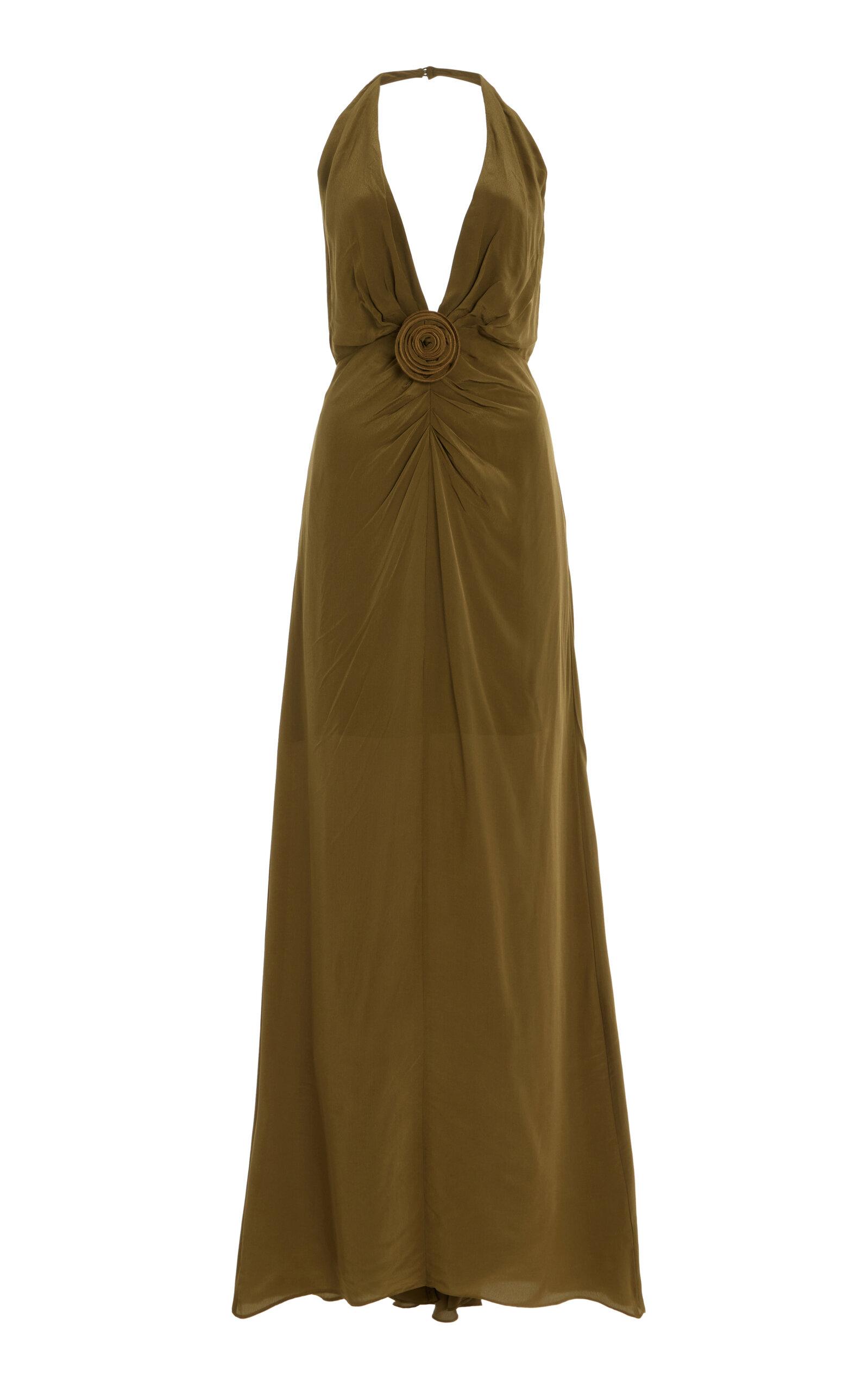 green emerald velvet dress OLYMPIA MAXI DRESS IN PALM GREEN VISCOSE CDC – DE LA VALI OFFICIAL main image 0
