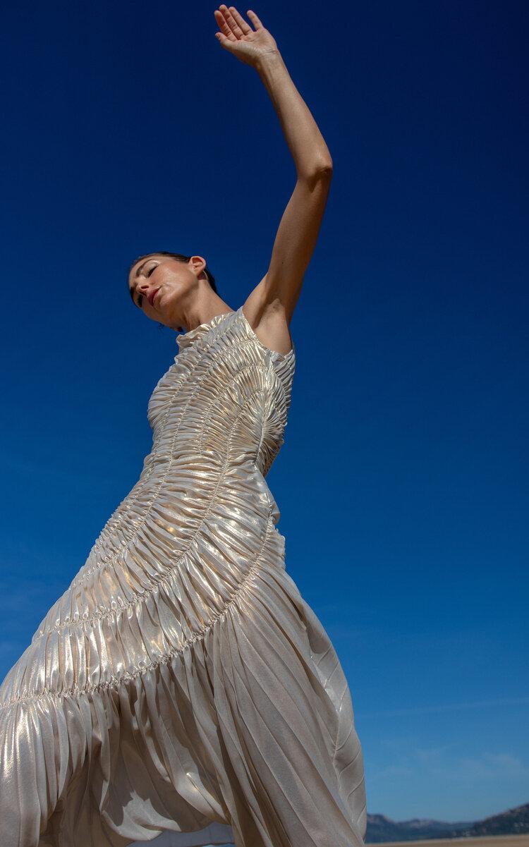 Georgia Hardinge Fossil Shirred Metallic Chiffon Maxi Dress in White | Lyst