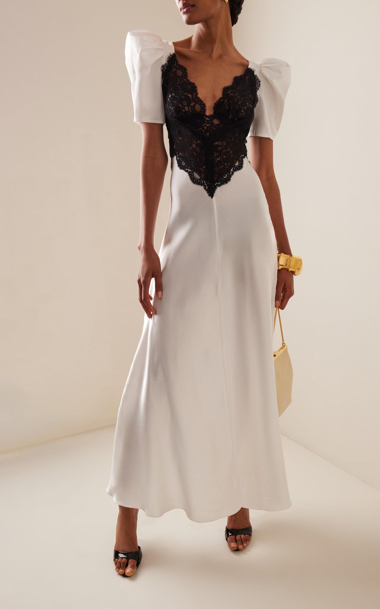 Rodarte Lace-trimmed Puff-sleeve Silk Maxi Dress in White | Lyst