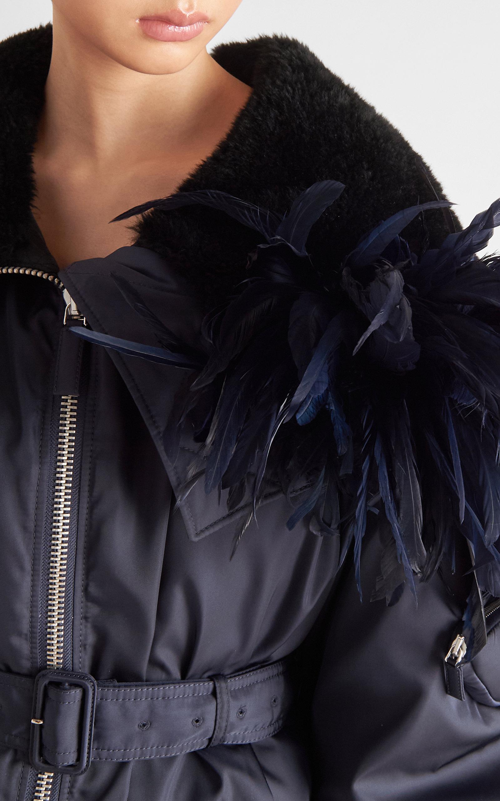 Prada Feather-trimmed Re-nylon Bomber Jacket in Blue | Lyst