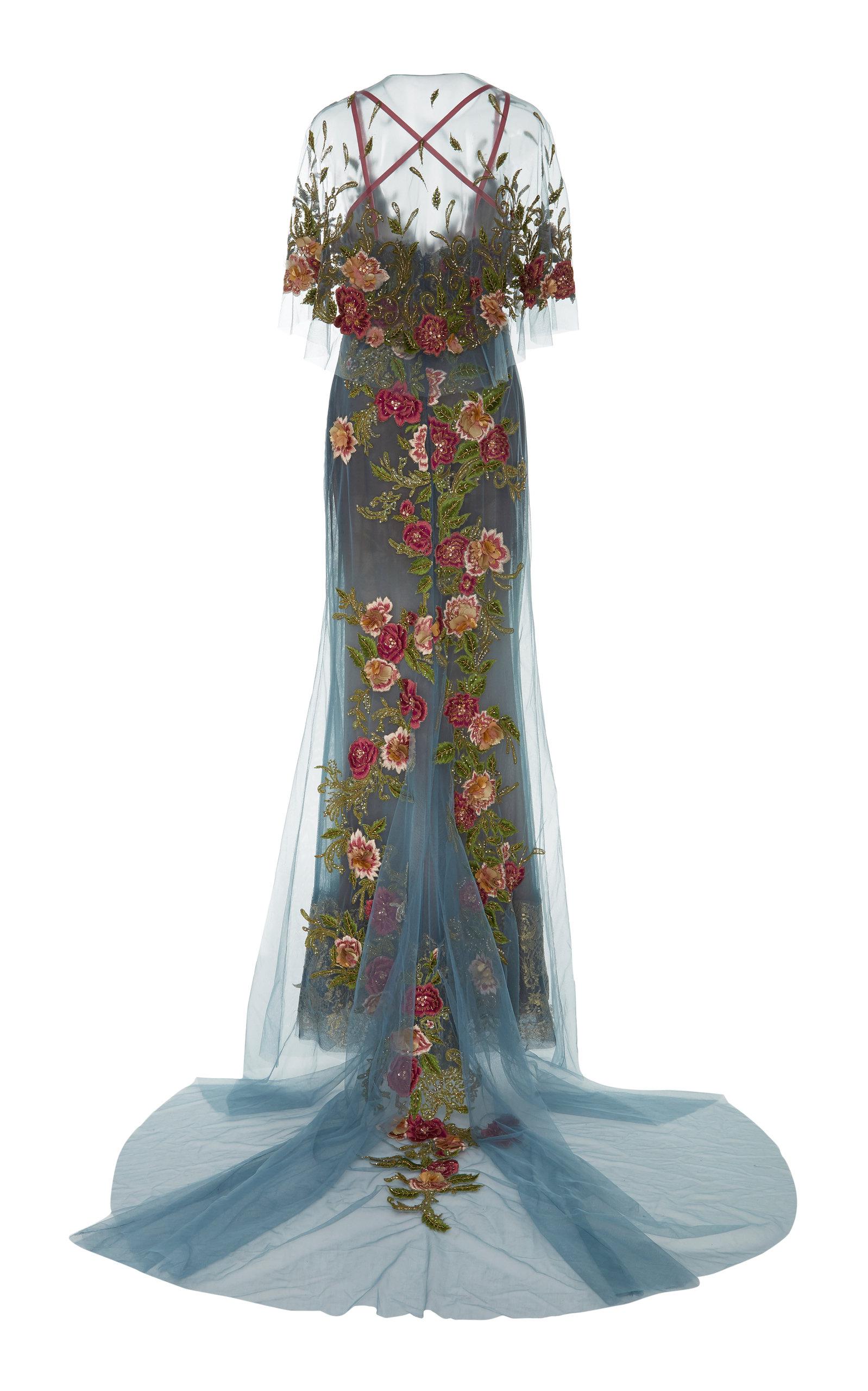 Marchesa Floral Embroidered Tulle Gown in Blue - Lyst
