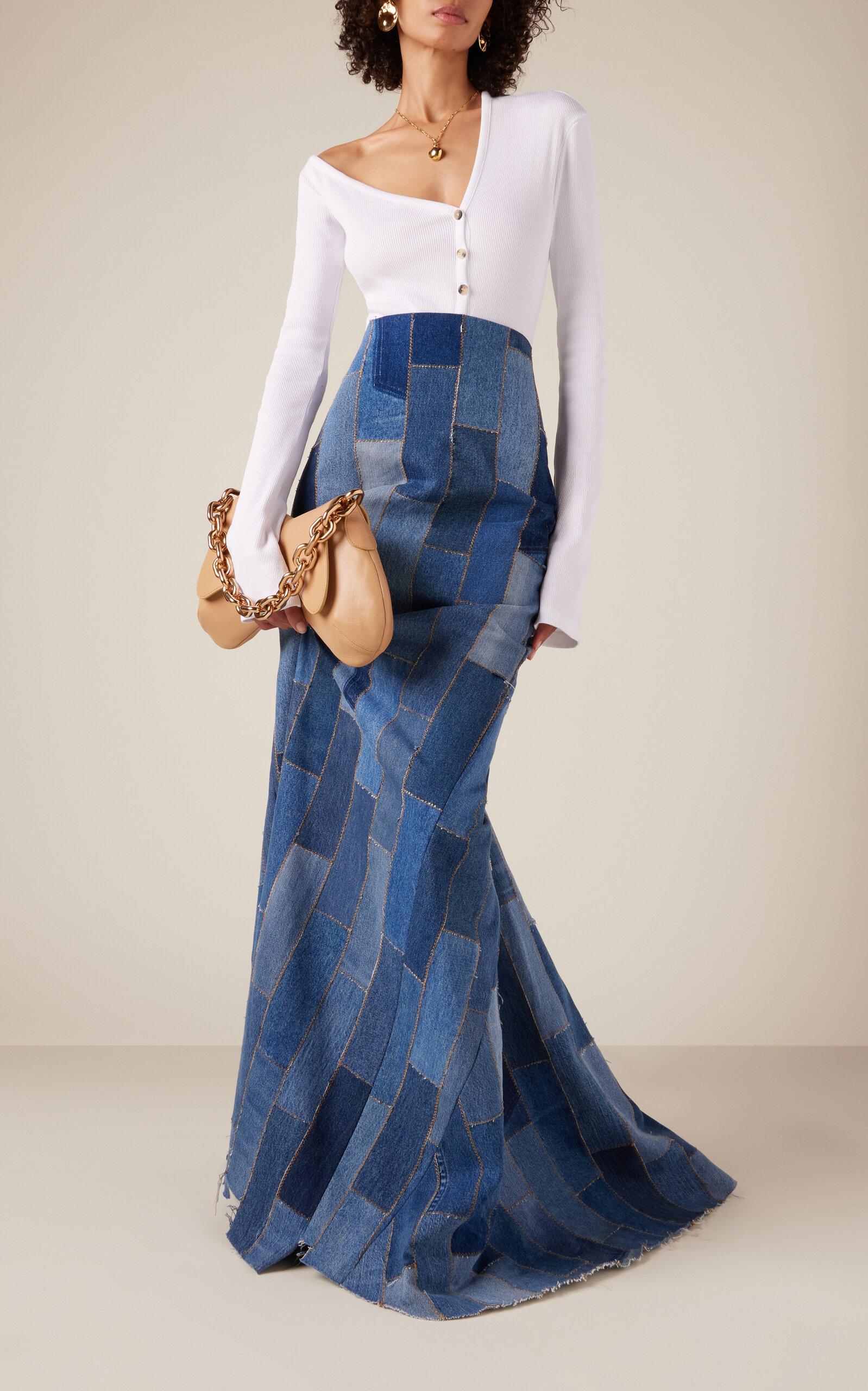 A.W.A.K.E. MODE Gathered Patchwork Denim Maxi Skirt in Blue | Lyst