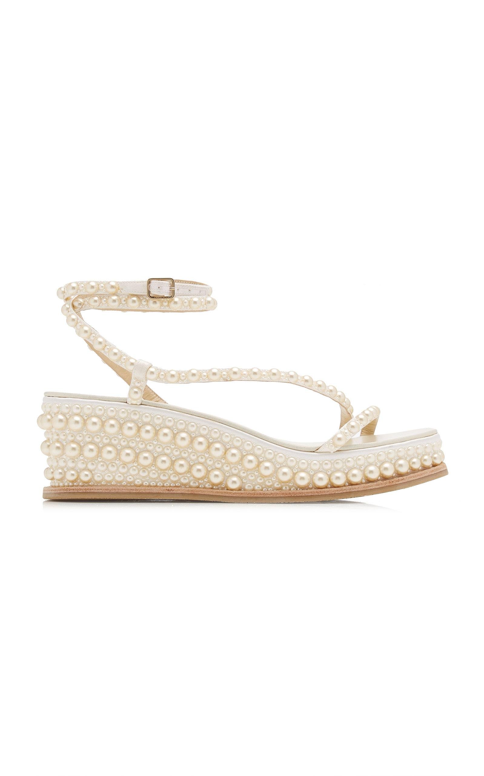 Jimmy Choo Drive Pearl-embellished Satin Wedge Sandals in