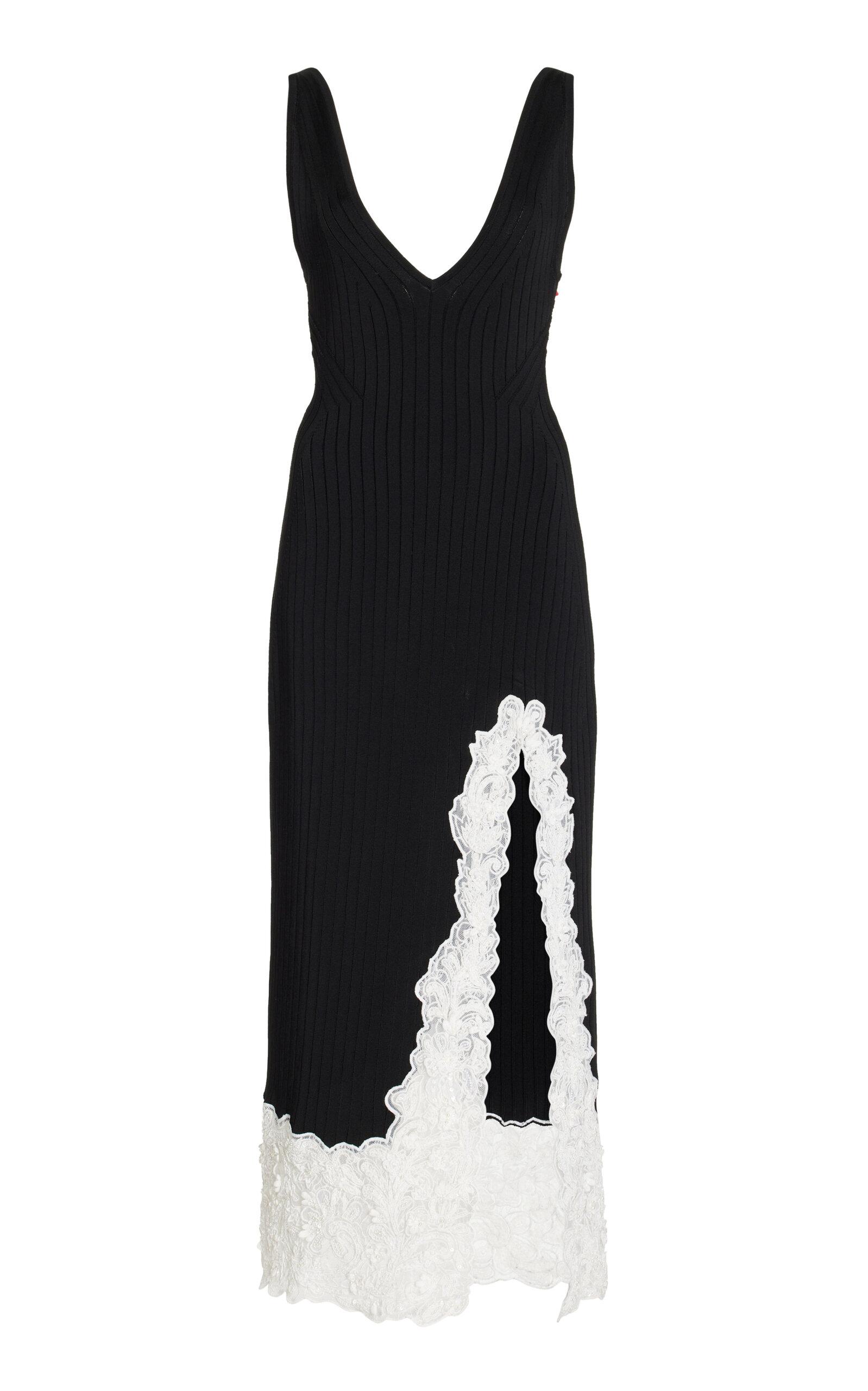 Carolina Herrera Lace-Trimmed Knit Midi Dress in Black | Lyst