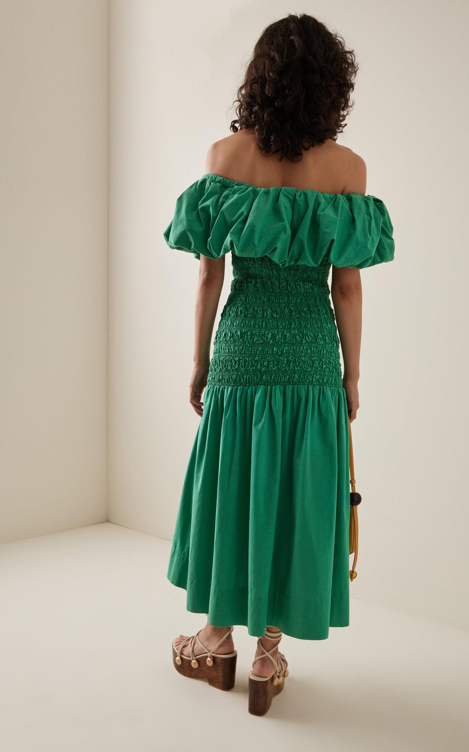 Sea Juni Off-the-shoulder Smocked Cotton Midi Dress in Green | Lyst