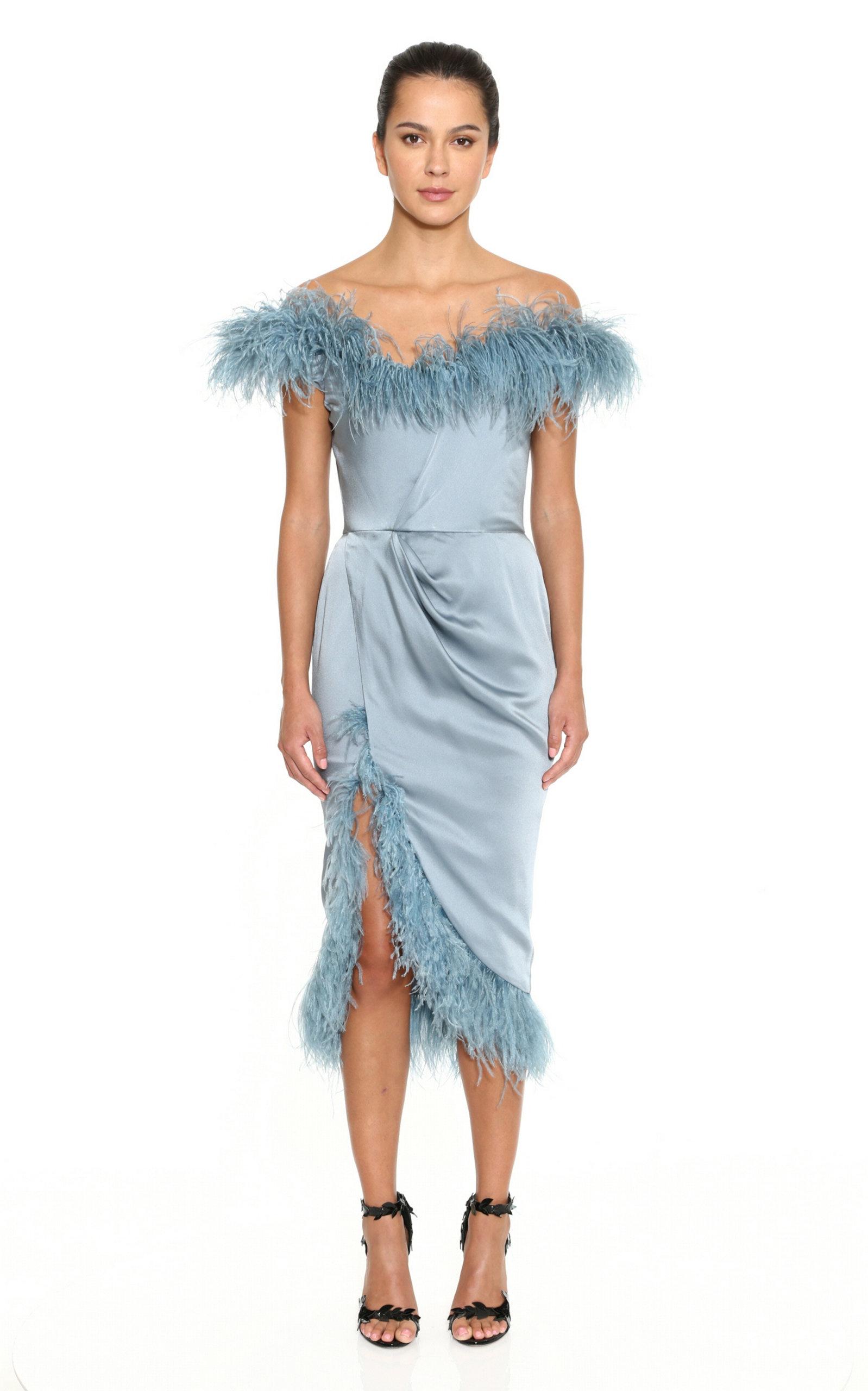 feather embellished gown