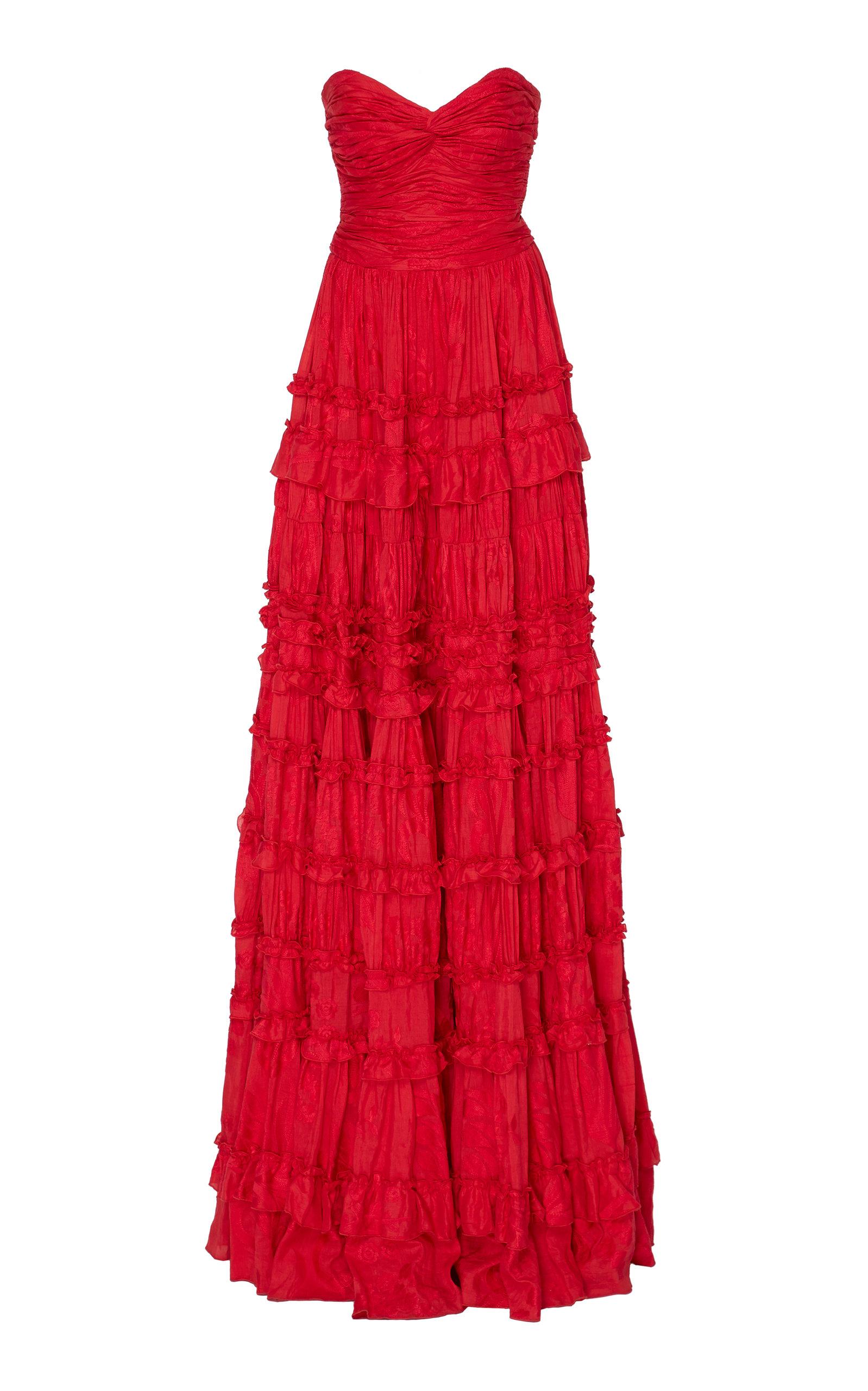 Alexis Allora Ruffled Linen And Silk Blend Gown in Red | Lyst