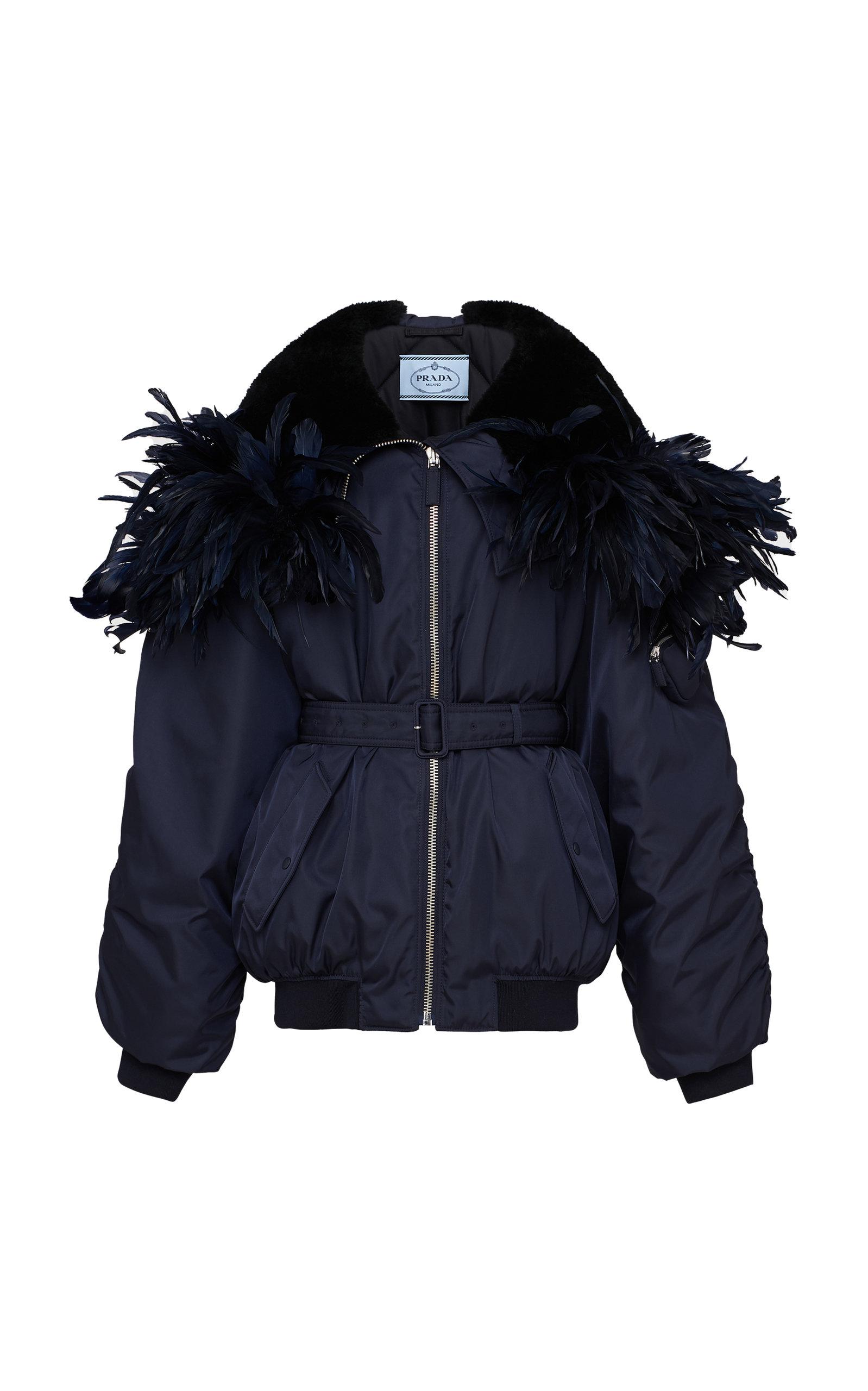 Prada Feather-trimmed Re-nylon Bomber Jacket in Blue | Lyst