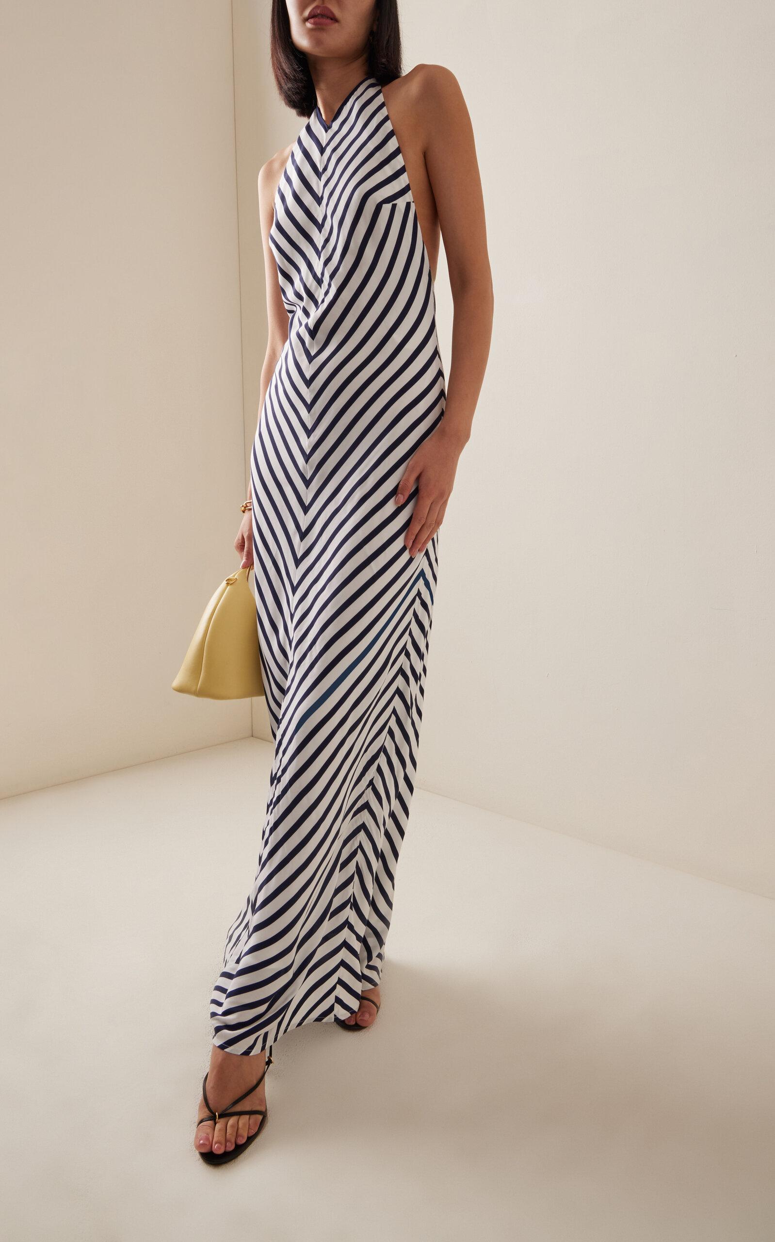 STAUD Julie Striped Jersey Maxi Halter Dress in White | Lyst