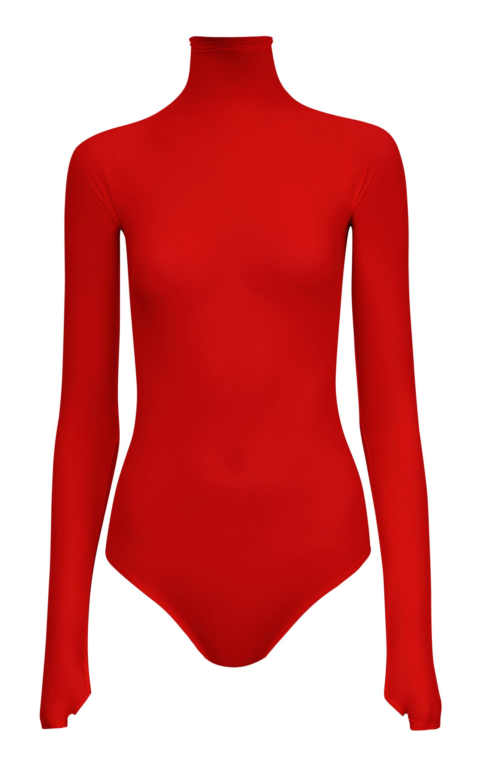 Alaïa Sheer Turtleneck Bodysuit in Red | Lyst