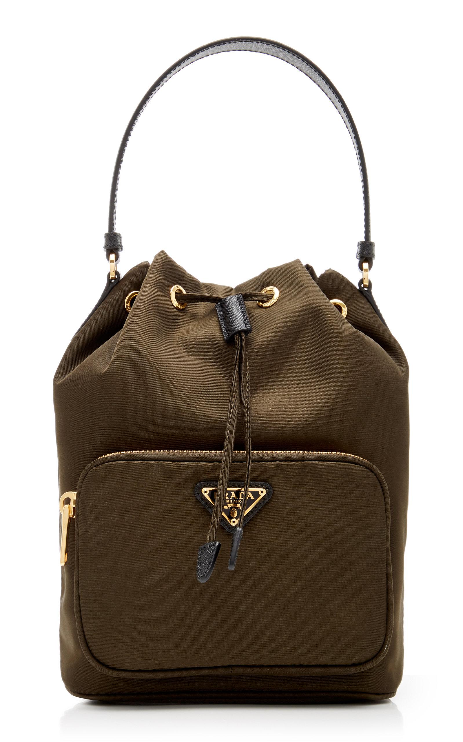 Prada Synthetic Small Leather-trimmed Nylon Bucket Bag in Green | Lyst